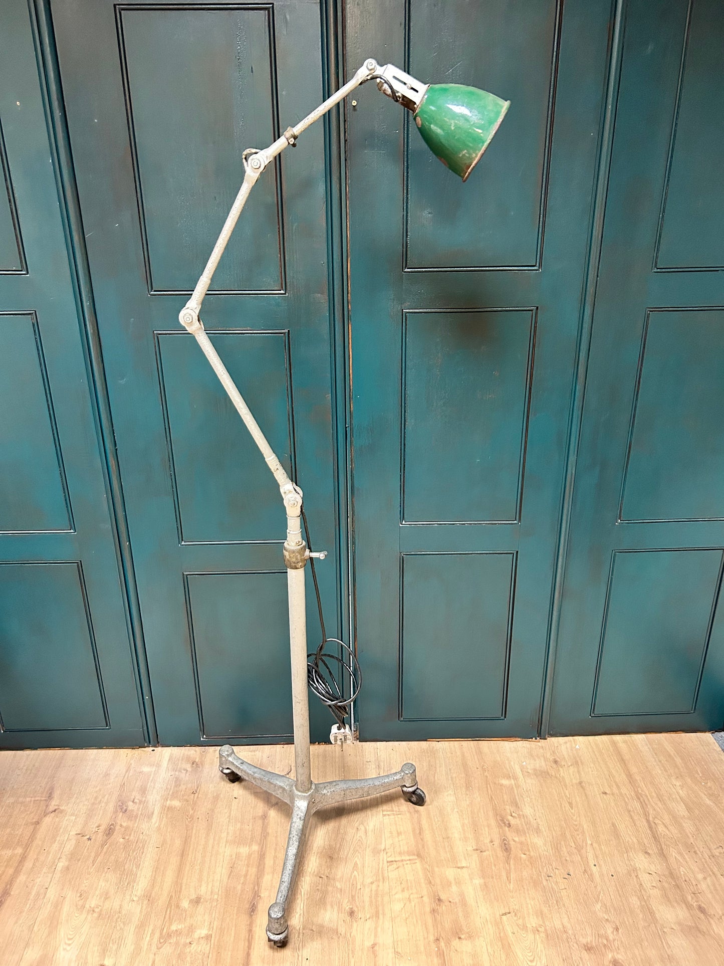 Dugdill & Sons Industrial Adjustable Work Lamp on later workshop wheeled stand Dugdills lamp