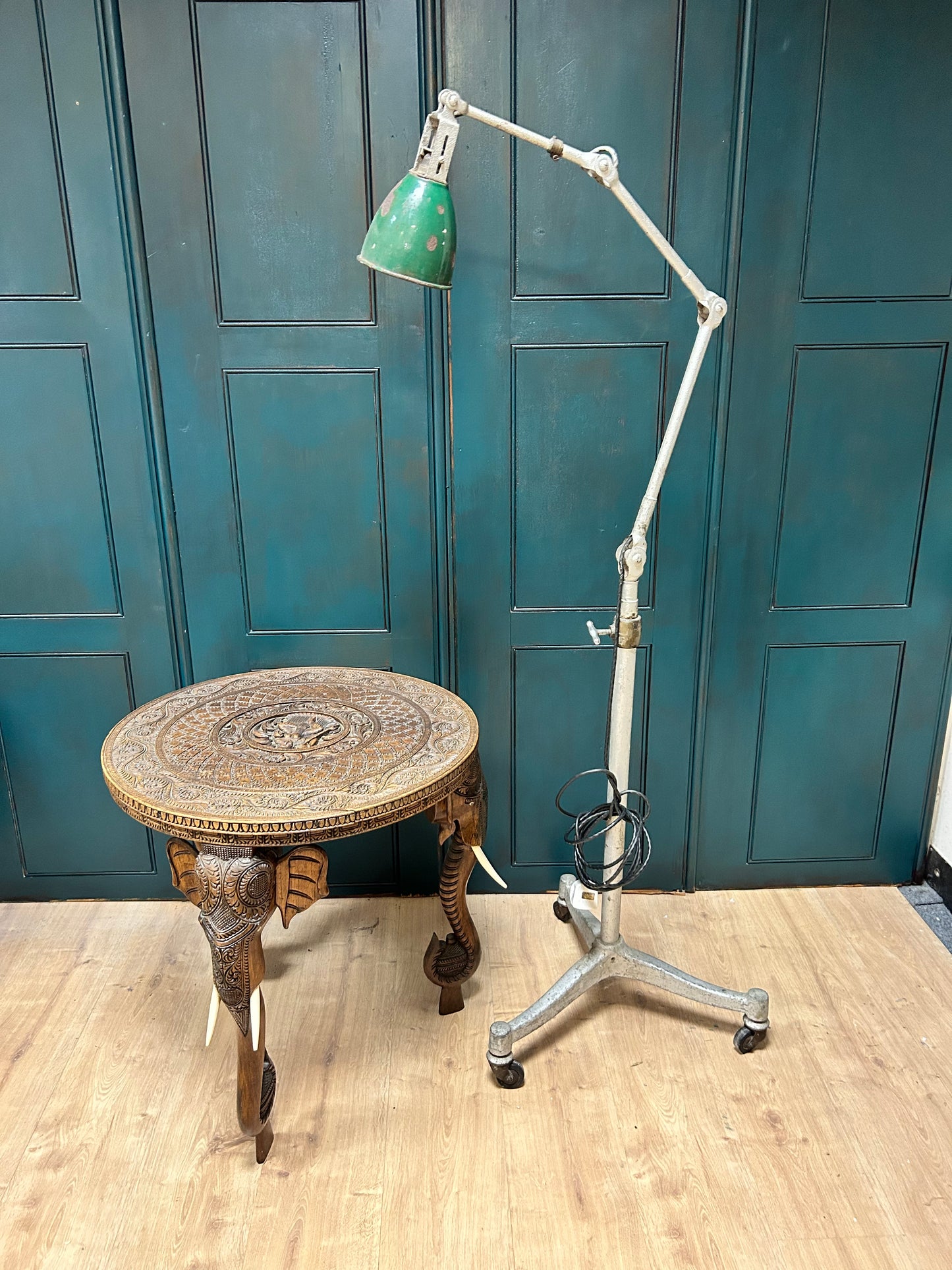 Dugdill & Sons Industrial Adjustable Work Lamp on later workshop wheeled stand Dugdills lamp