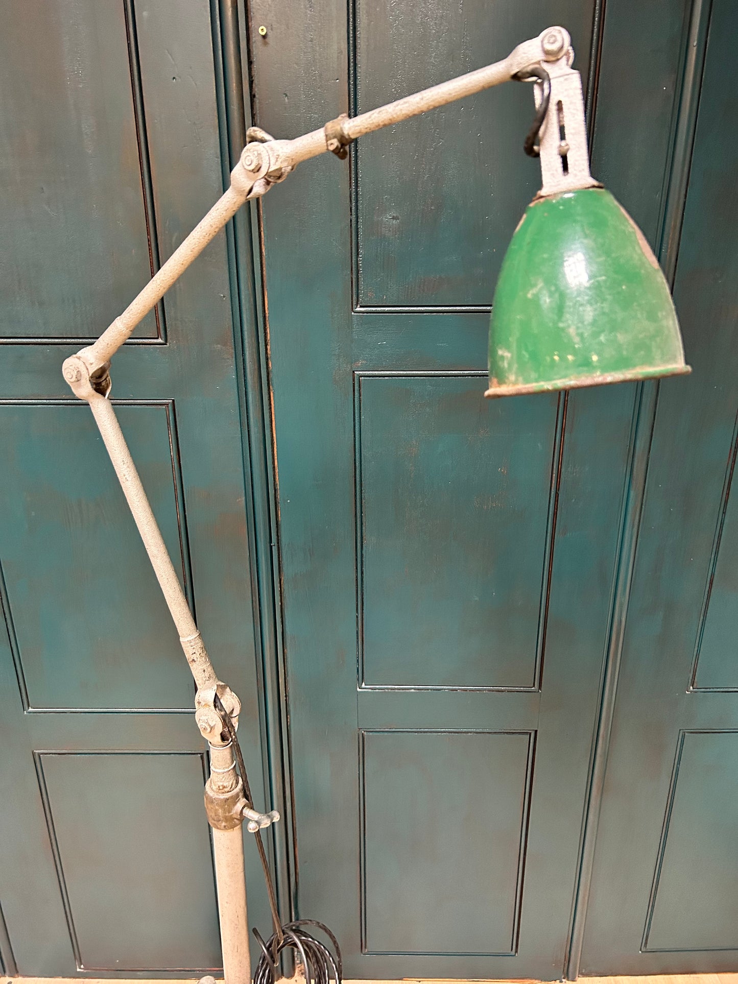 Dugdill & Sons Industrial Adjustable Work Lamp on later workshop wheeled stand Dugdills lamp