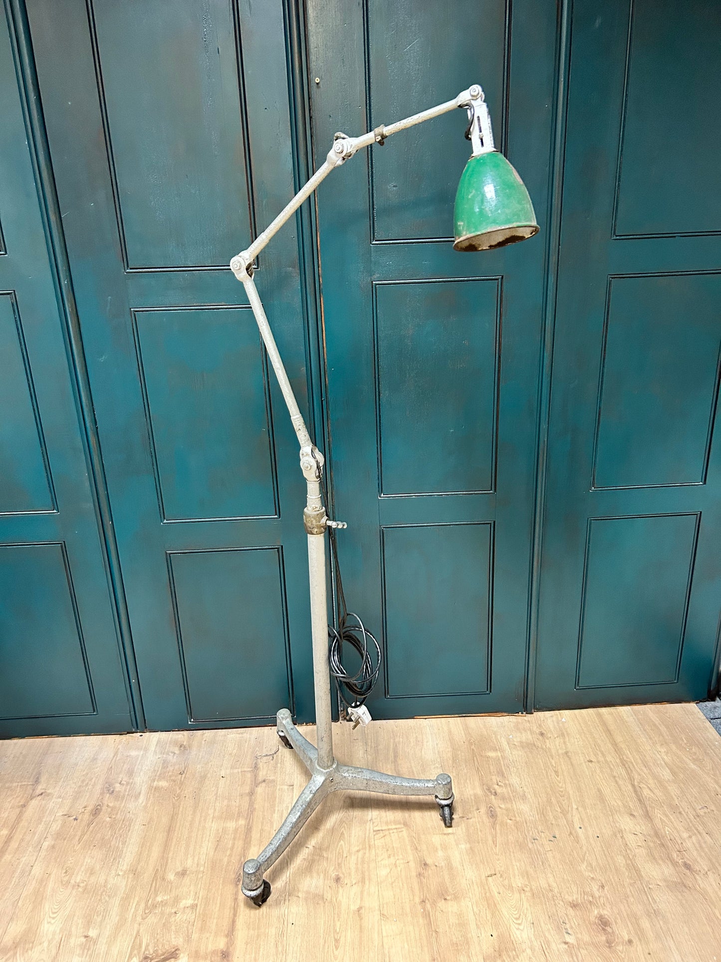 Dugdill & Sons Industrial Adjustable Work Lamp on later workshop wheeled stand Dugdills lamp