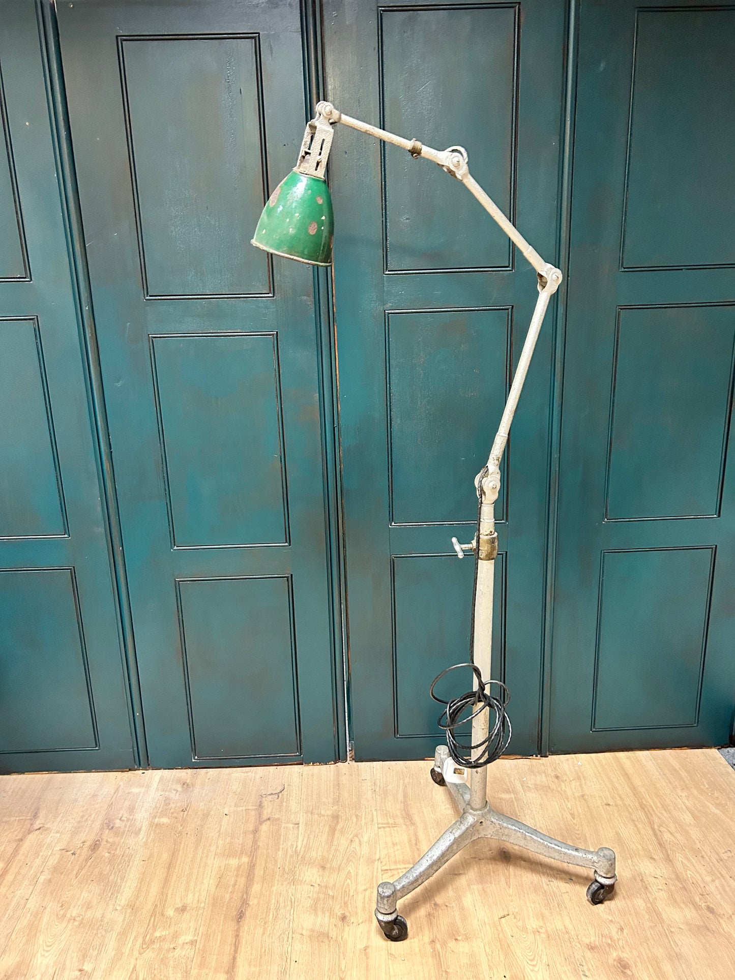Dugdill & Sons Industrial Adjustable Work Lamp on later workshop wheeled stand Dugdills lamp