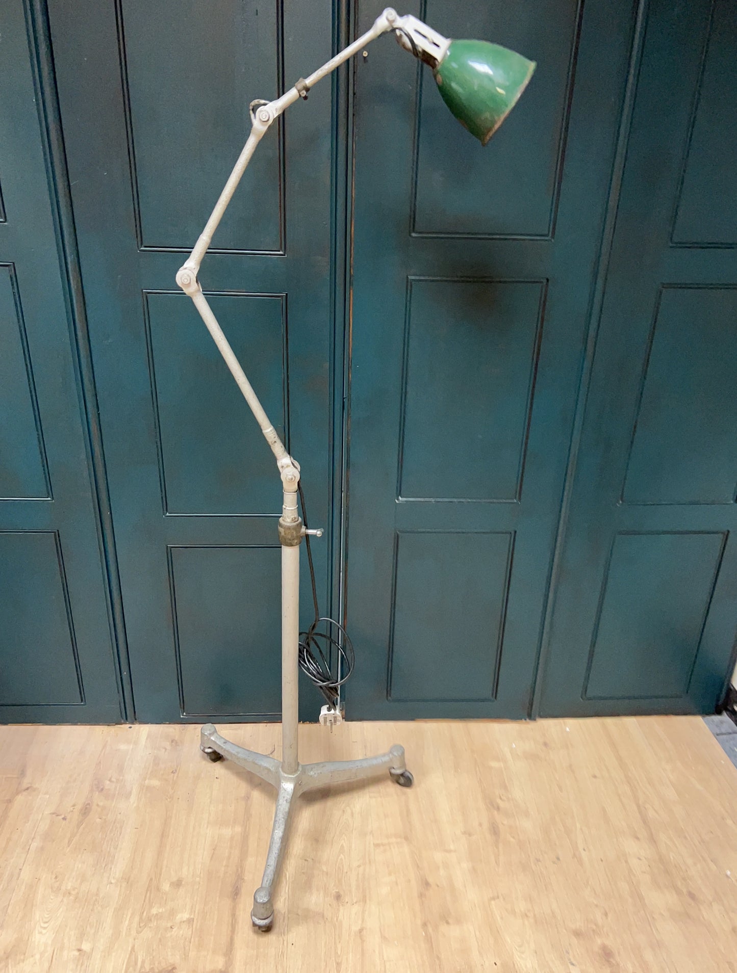 Dugdill & Sons Industrial Adjustable Work Lamp on later workshop wheeled stand Dugdills lamp