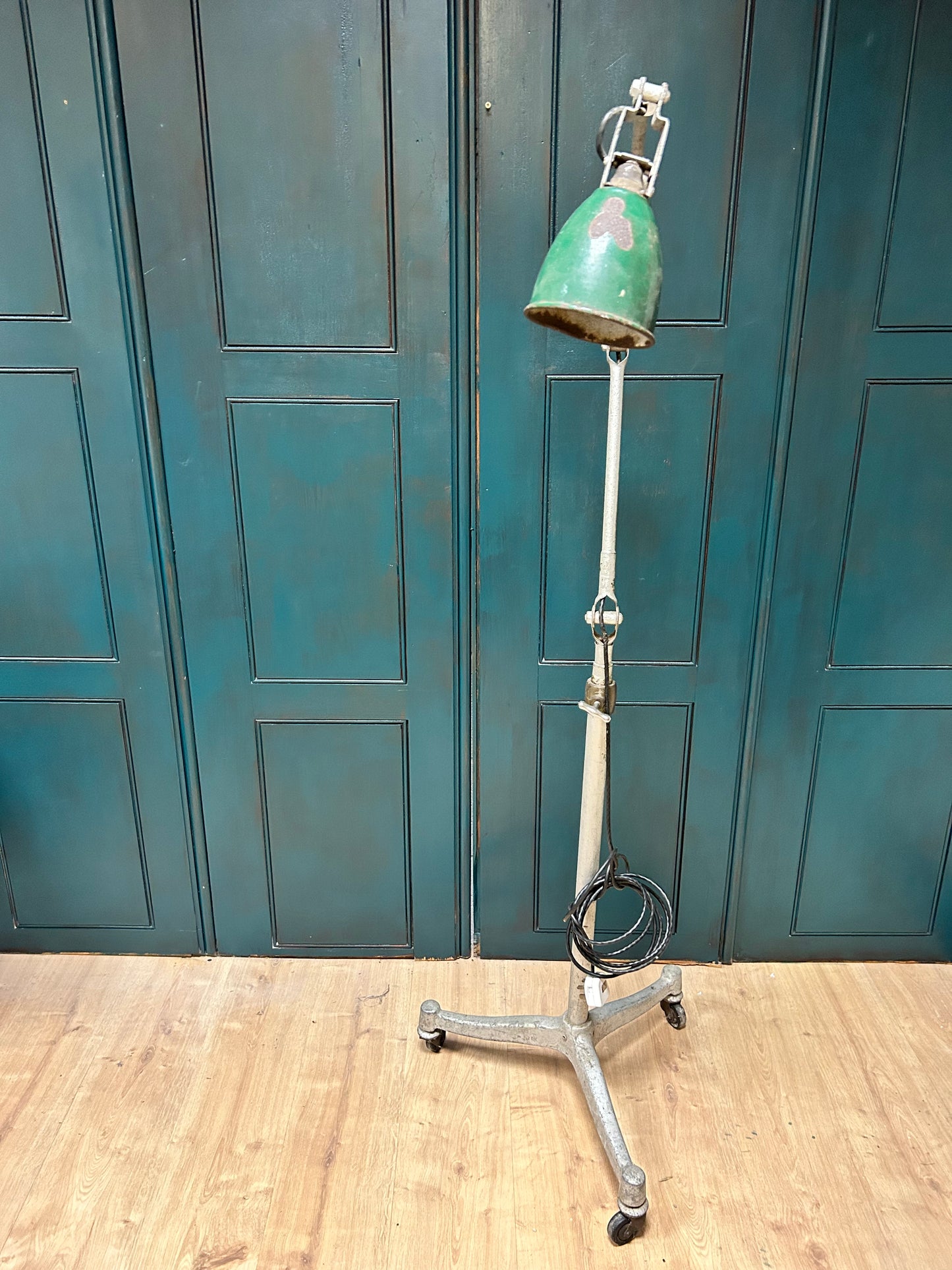 Dugdill & Sons Industrial Adjustable Work Lamp on later workshop wheeled stand Dugdills lamp