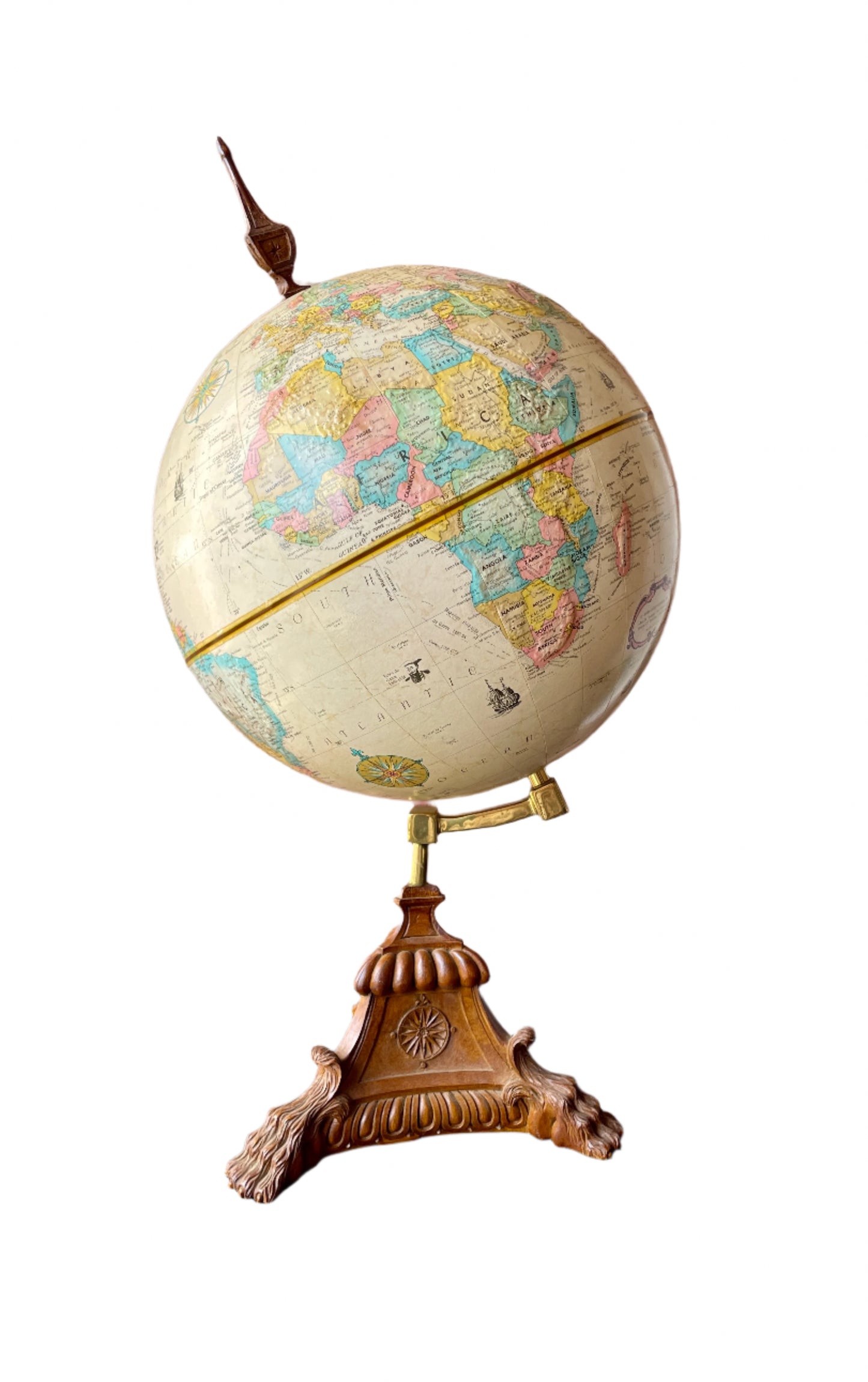 Vintage Globe On Carved Wooden Base Beautiful Quality 12 Inch Relief Earth Globe