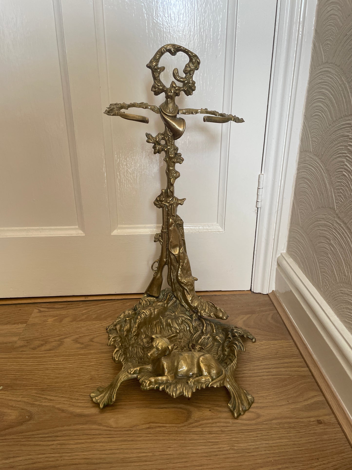 Antique Brass Umbrella or Walking Stick Sound With a Dog and Game Hunting Theme