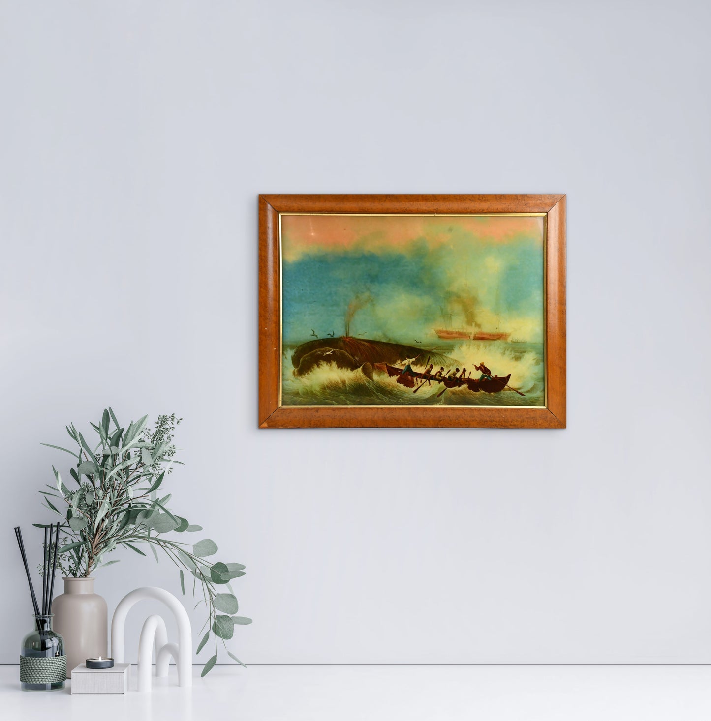 Antique Reverse Glass Painting of a Whaling Scene | After Ambroise Louis Garneray | Maritime Folk Art | c.1880–1920