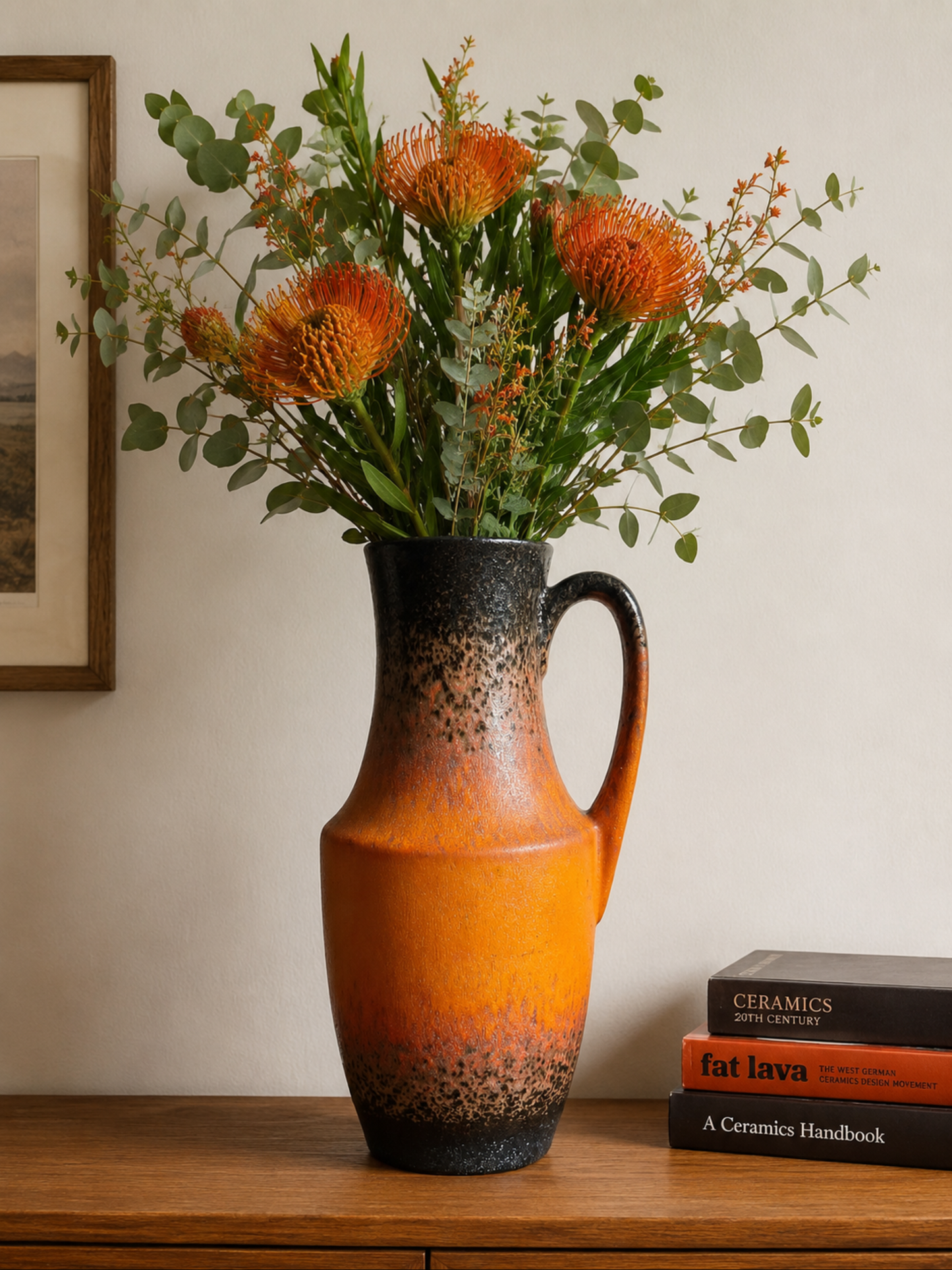 Large 1970s West German Fat Lava Floor Vase | Orange & Black Lava Glaze | Mid Century Modern Handled Vase | 36cm