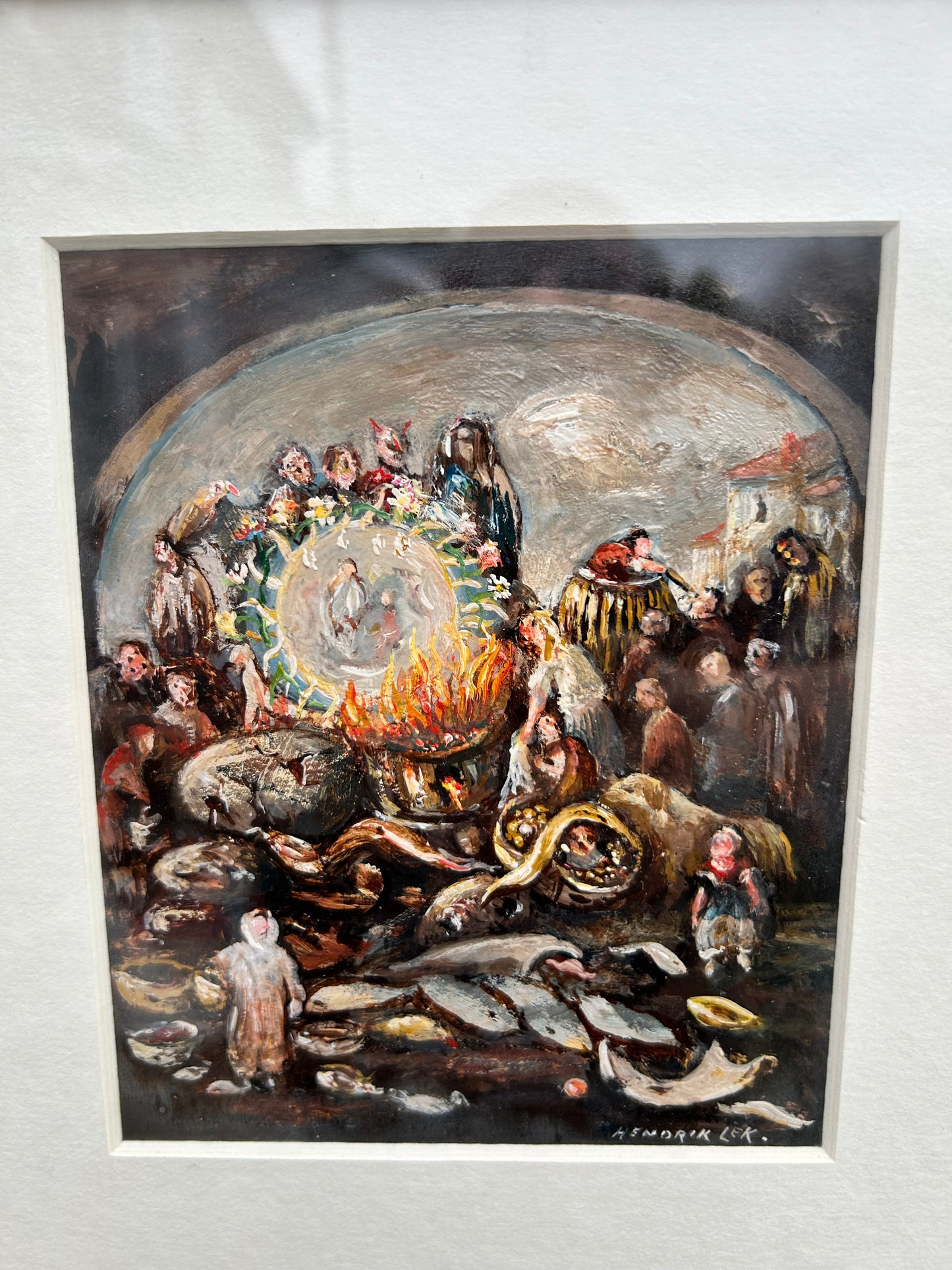 Hendrik Lek Belgian 1903-1985 Original Painting Of A Surreal Group Of Figures Around a Fire