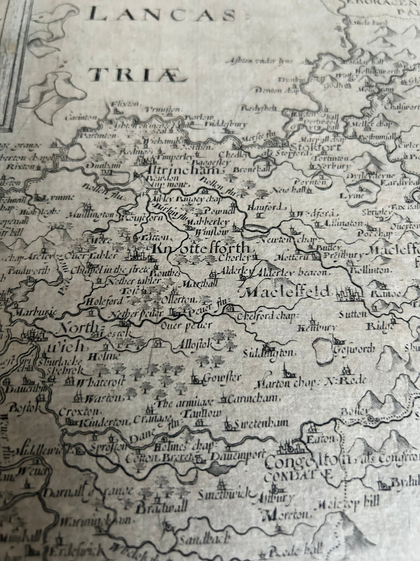 Christopher Saxton 1577 Map of Cheshire Camden Brittanica 1610 Print Date Mounted