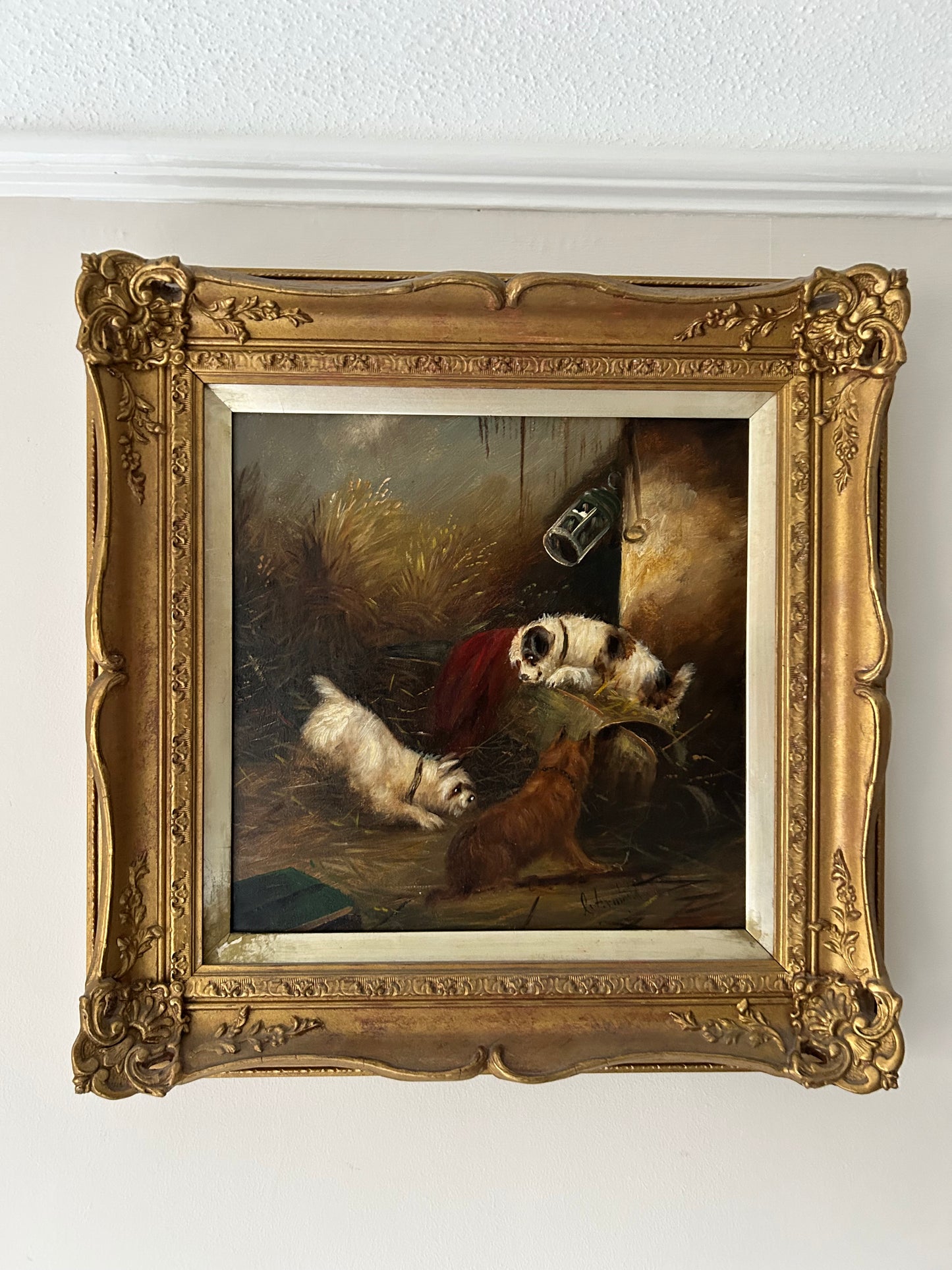 George Armfield Original Oil On Canvas Terriers Searching For Rats in a Barn 19th Century Oil Painting