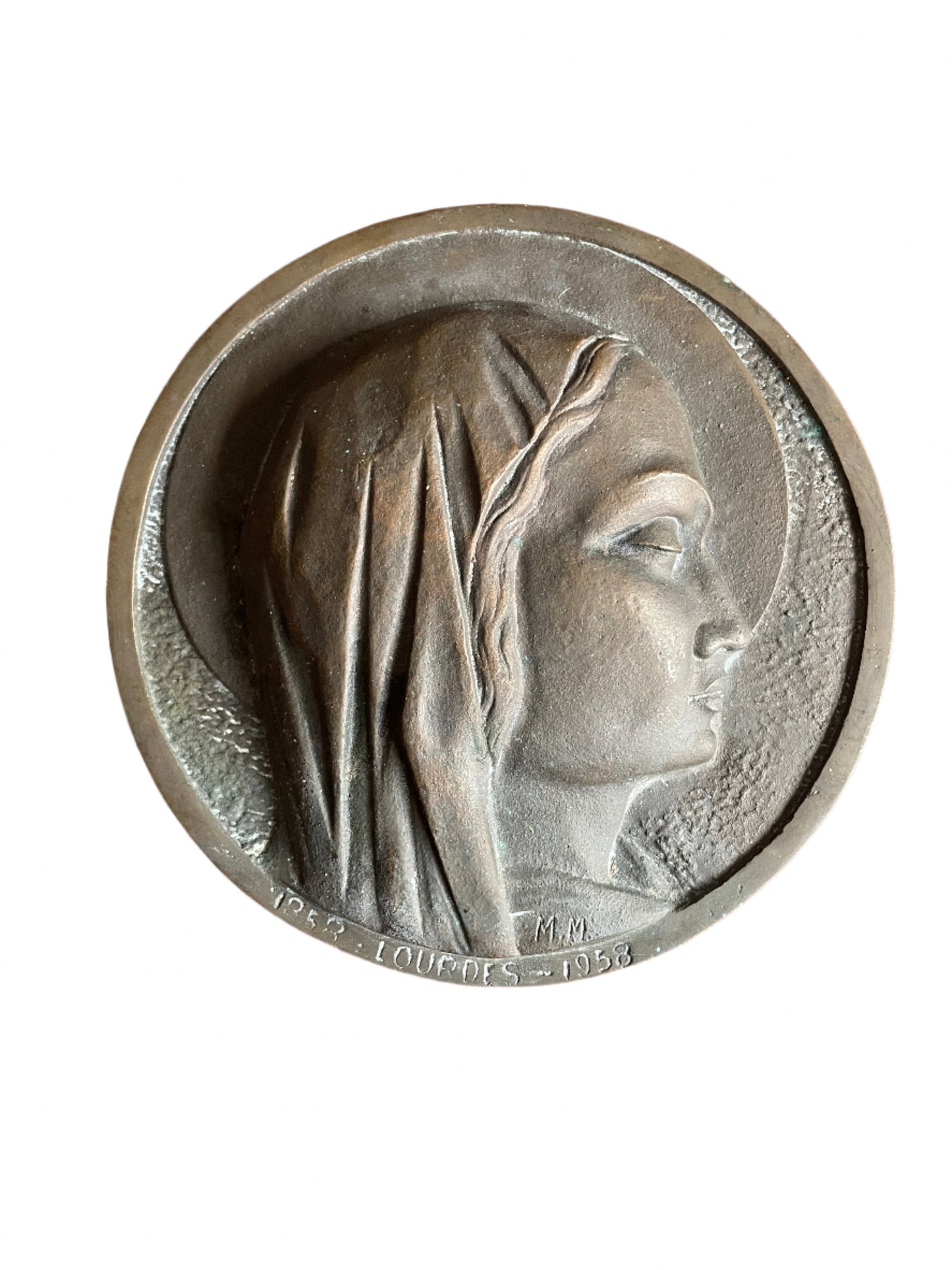 Bronze Madonna Virgin Mary Lourdes 100th Anniversary Plaque Relief Moulded Beautiful Roundel Stunning Piece Of Christian History