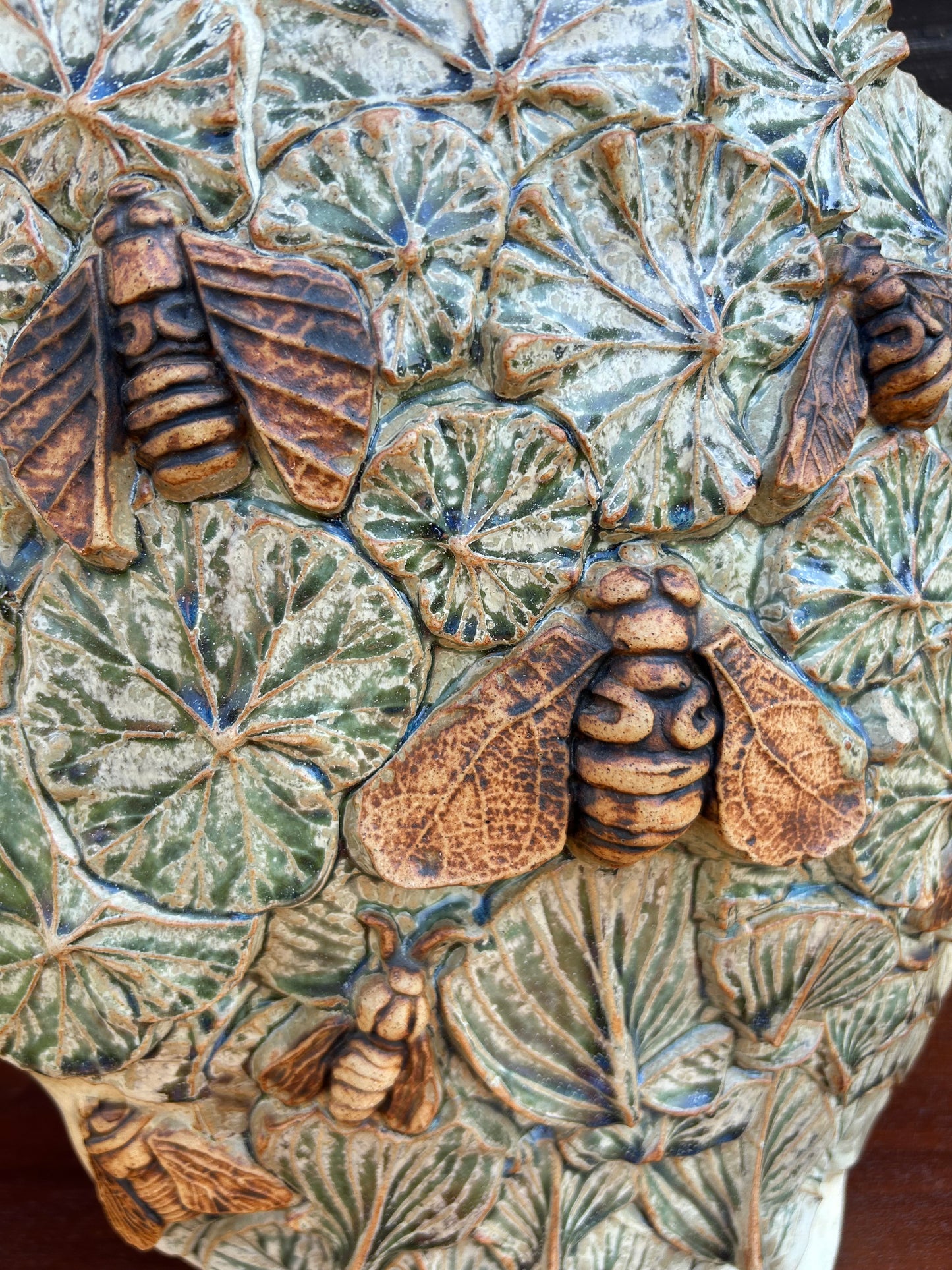 Bernard Rooke Designer Studio Pottery Brutalist Lamp Base With Flowers and Bees or Moths. 20 inches tall Stunning Rare Lamp
