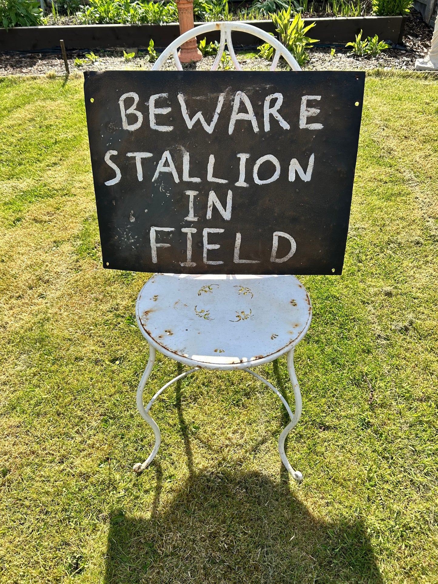Vintage Metal Sign ‘Beware Stallion In Field’ Rustic Hand Painted Warning Sign
