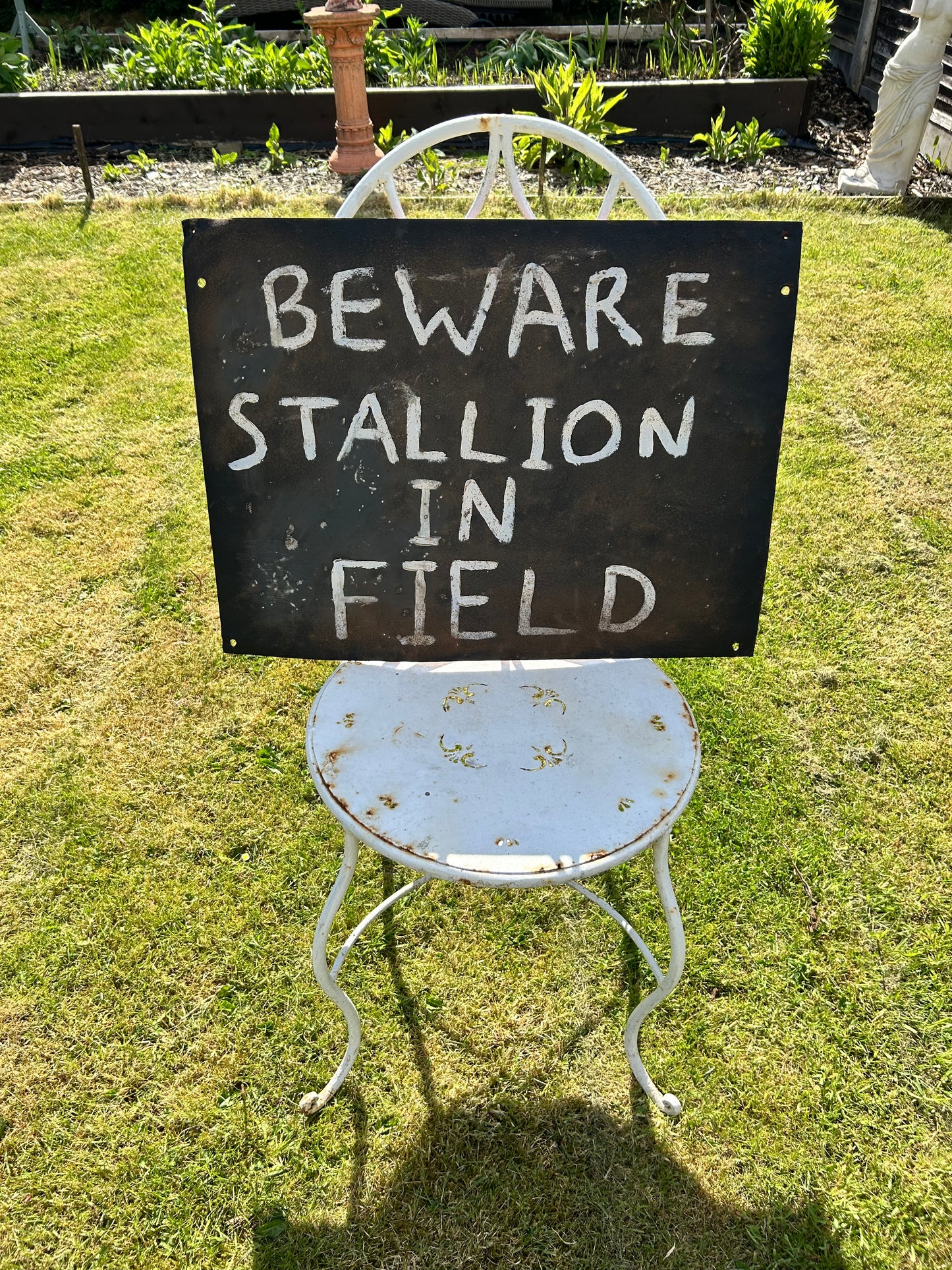 Vintage Metal Sign ‘Beware Stallion In Field’ Rustic Hand Painted Warning Sign