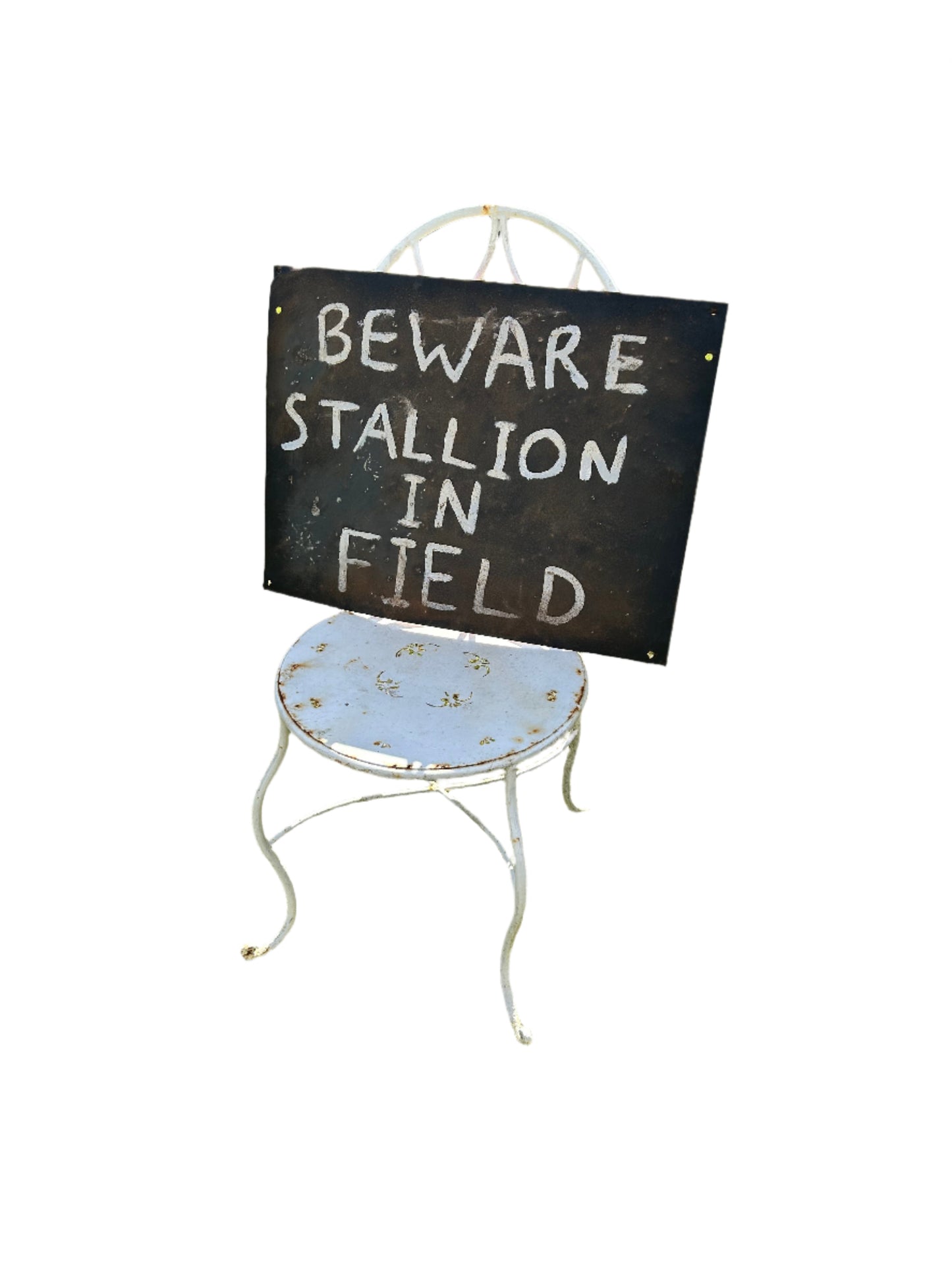 Vintage Metal Sign ‘Beware Stallion In Field’ Rustic Hand Painted Warning Sign