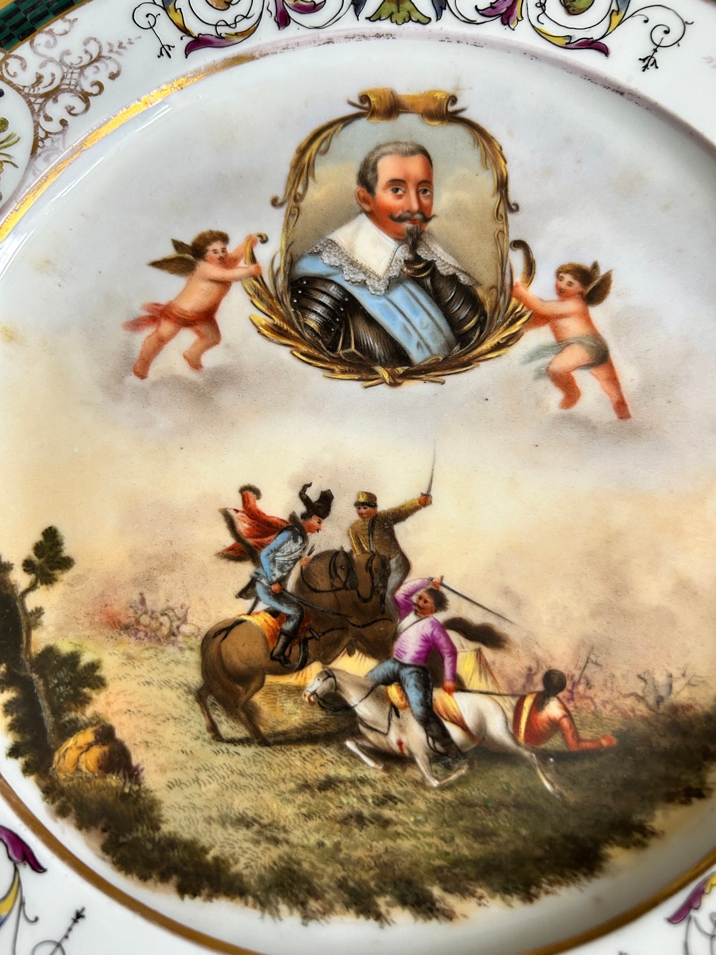 Antique Meissen Porcelain Cabinet Plate – Hand-Painted Cherubs & Cavalry Scene – 9.5” – Rococo Style