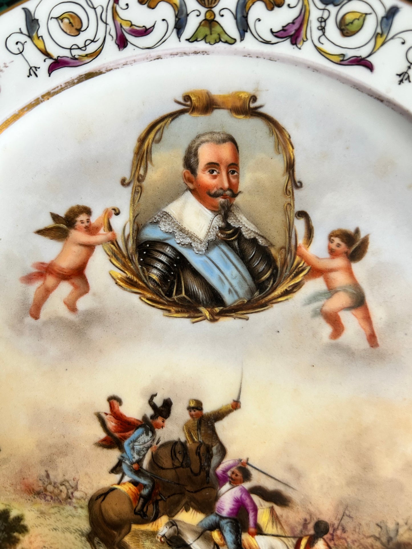Antique Meissen Porcelain Cabinet Plate – Hand-Painted Cherubs & Cavalry Scene – 9.5” – Rococo Style