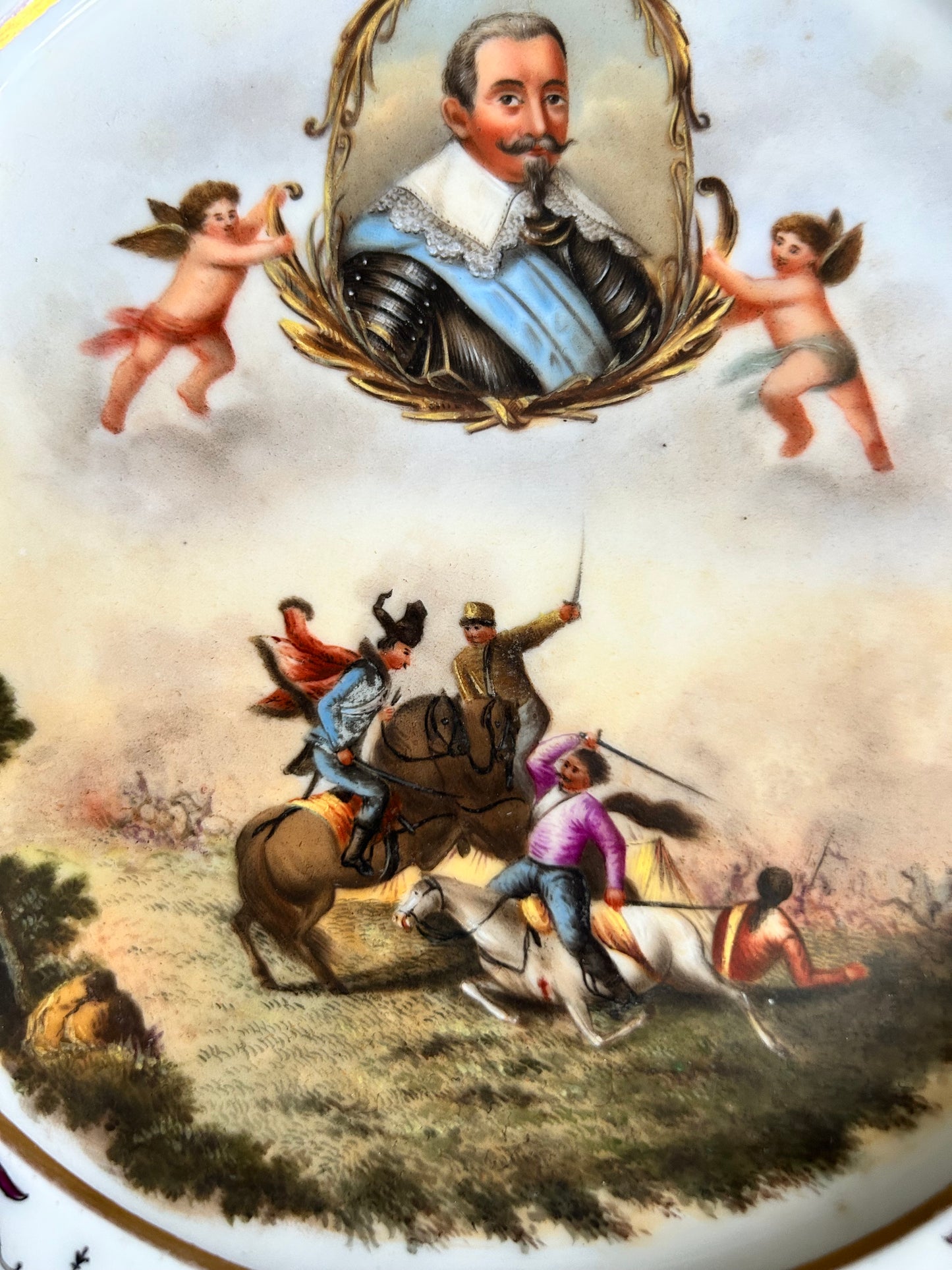 Antique Meissen Porcelain Cabinet Plate – Hand-Painted Cherubs & Cavalry Scene – 9.5” – Rococo Style