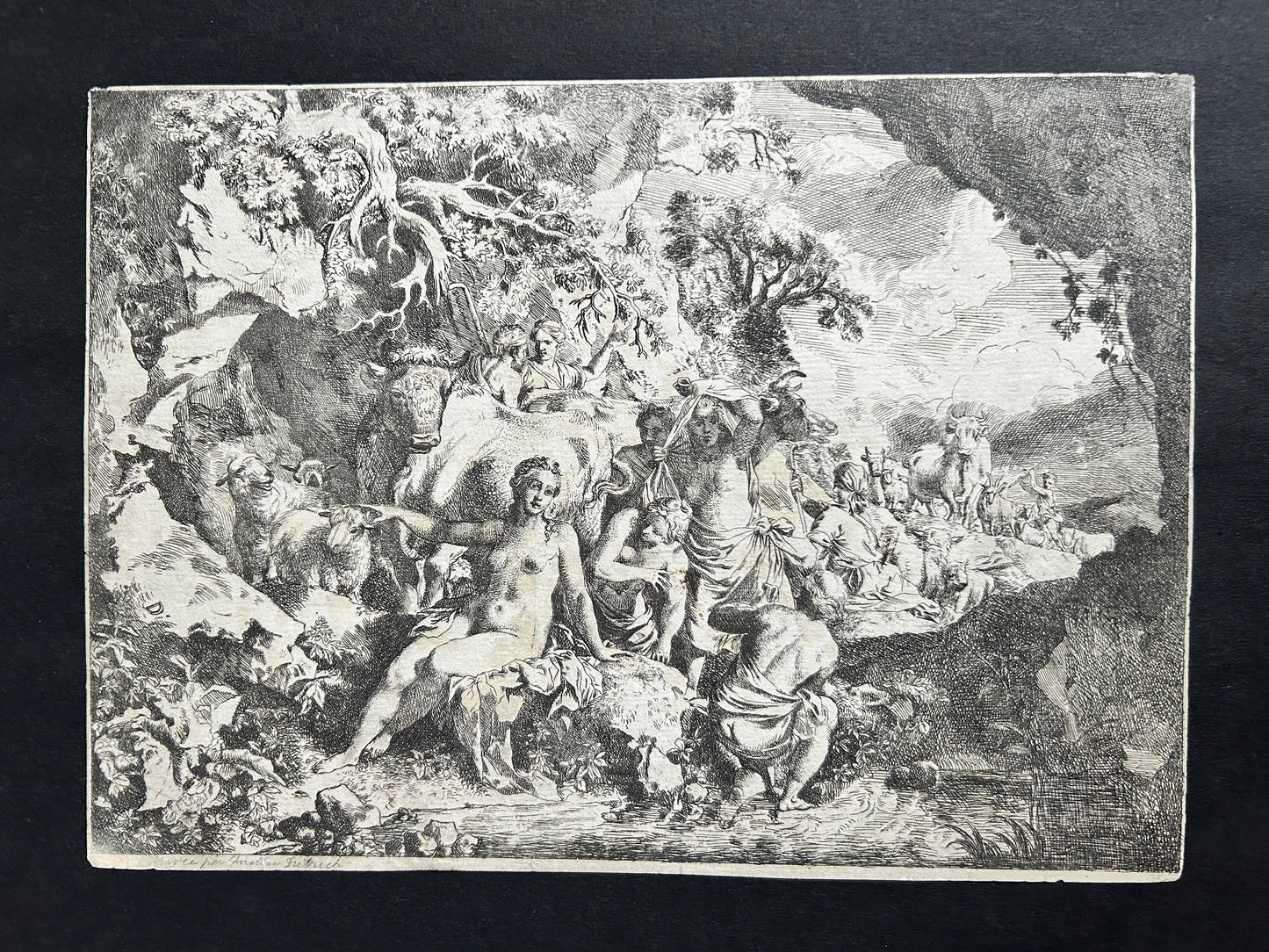 Nymphs Bathing in a Cave — Etching by Christian Wilhelm Ernst Dietrich (18th Century)