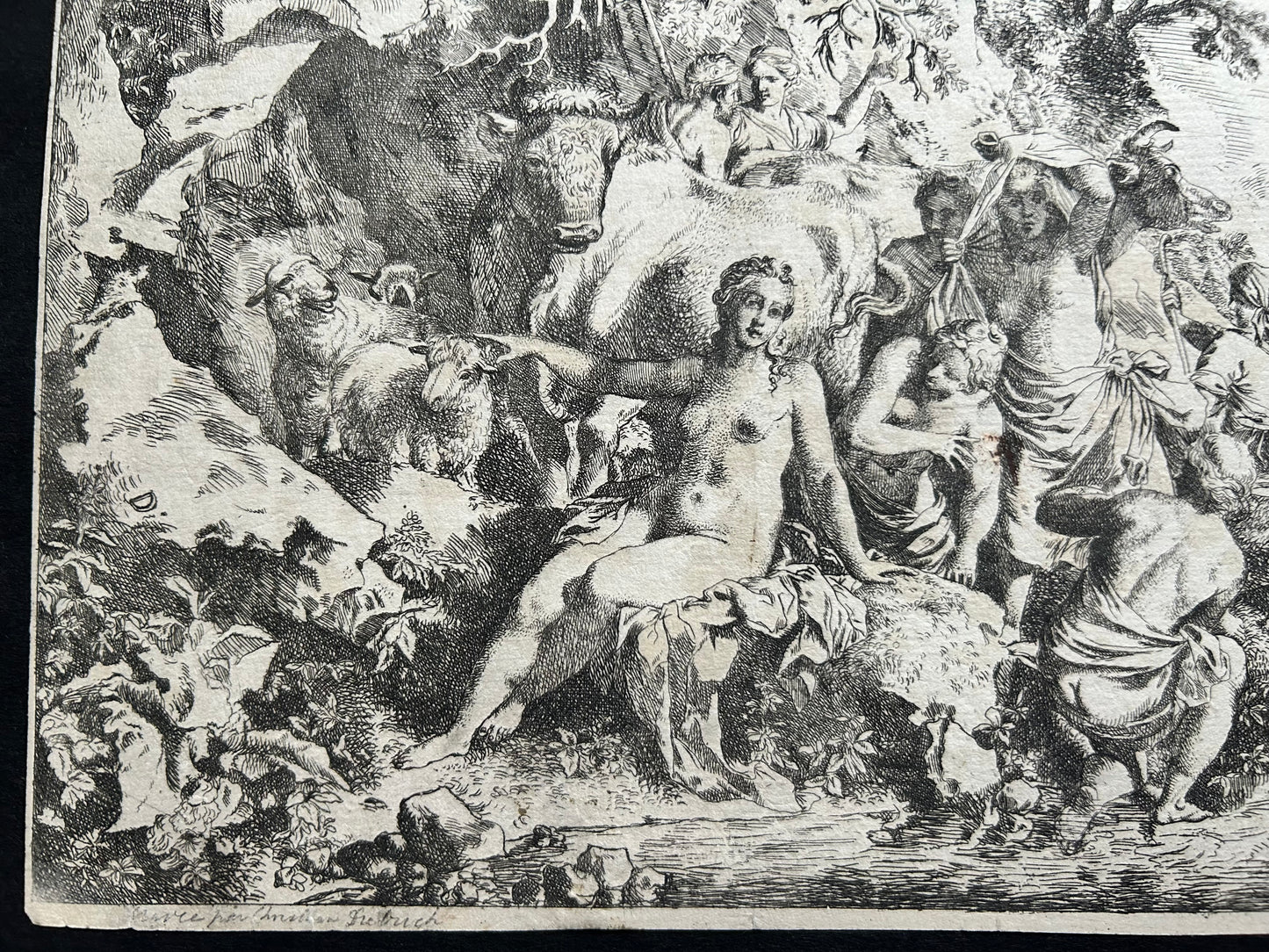 Nymphs Bathing in a Cave — Etching by Christian Wilhelm Ernst Dietrich (18th Century)
