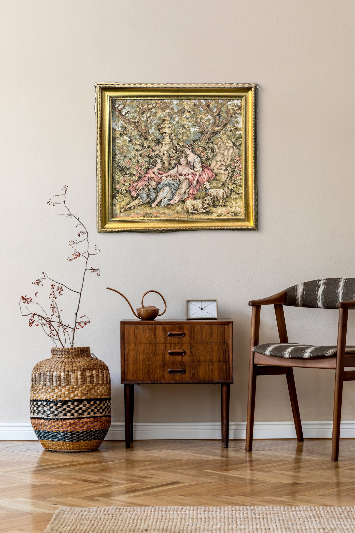 French Woven Jacquard Tapestry Romantic Garden Scene Framed 27x25 inches