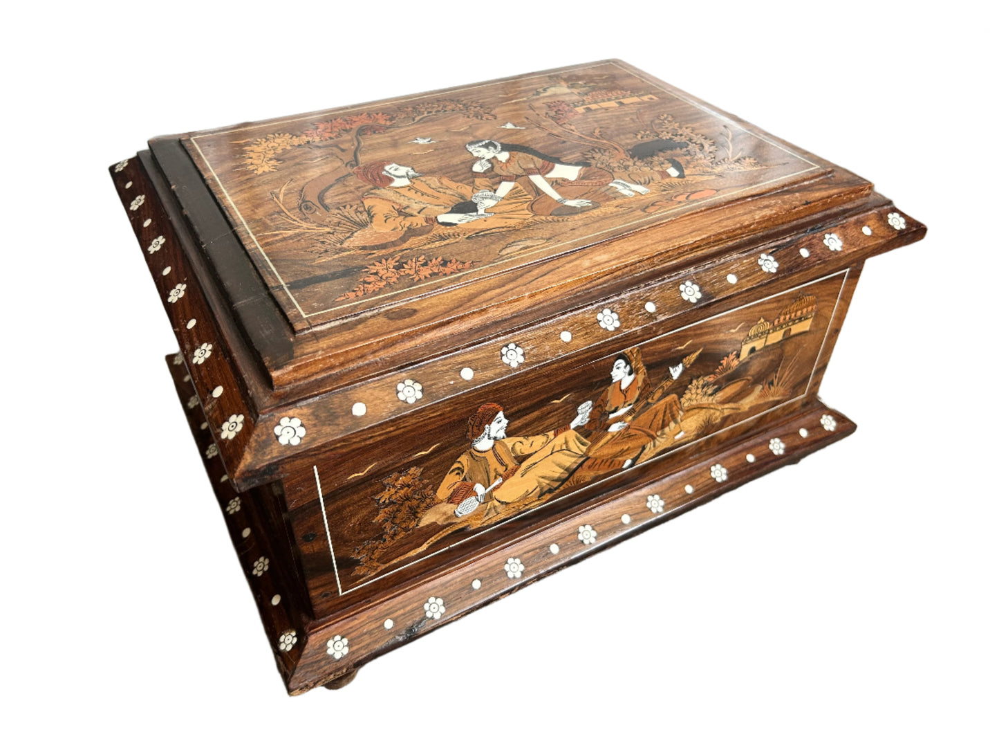 Hand-Painted Indian Wooden Jewelry Box with Inlay – Decorative Keepsake or Storage Chest
