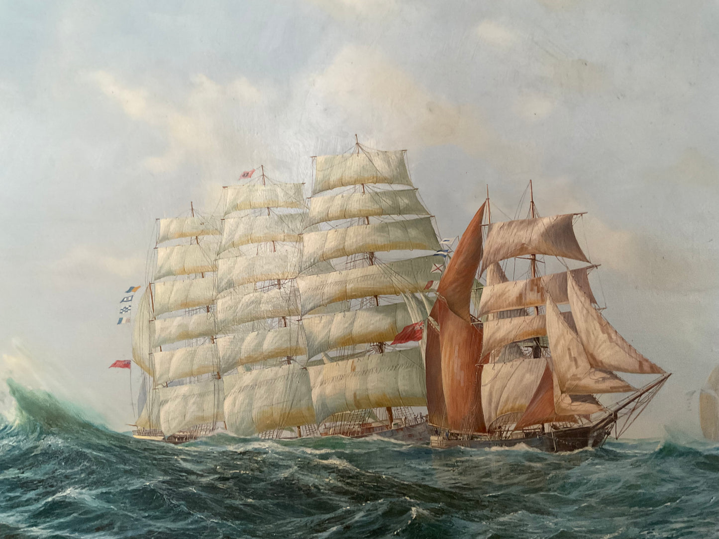 Vintage Maritime Oil Painting by Ed Walker – Tall Ships at Sea, Nautical Seascape in Ornate Gilt Frame
