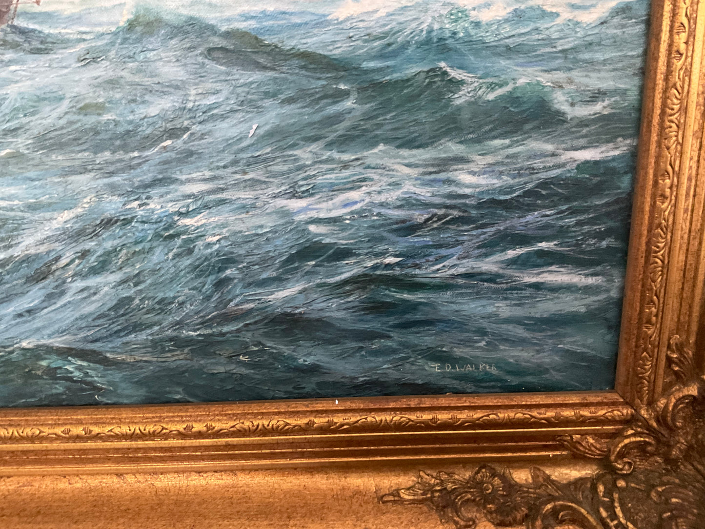 Vintage Maritime Oil Painting by Ed Walker – Tall Ships at Sea, Nautical Seascape in Ornate Gilt Frame