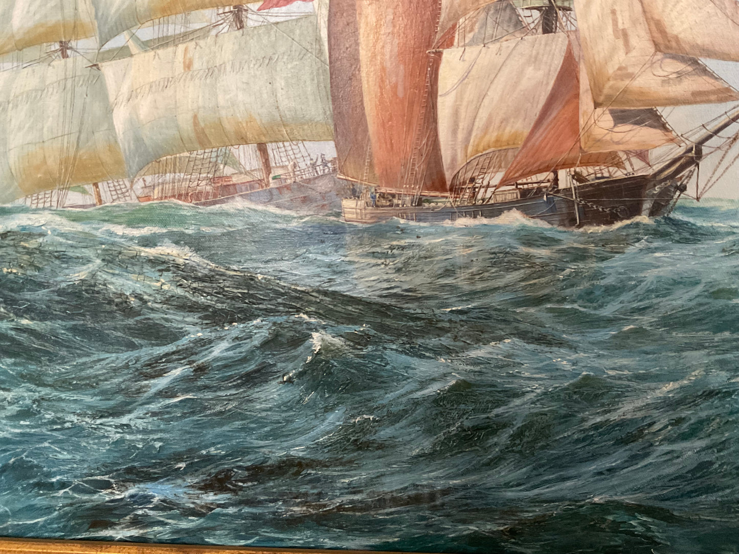 Vintage Maritime Oil Painting by Ed Walker – Tall Ships at Sea, Nautical Seascape in Ornate Gilt Frame