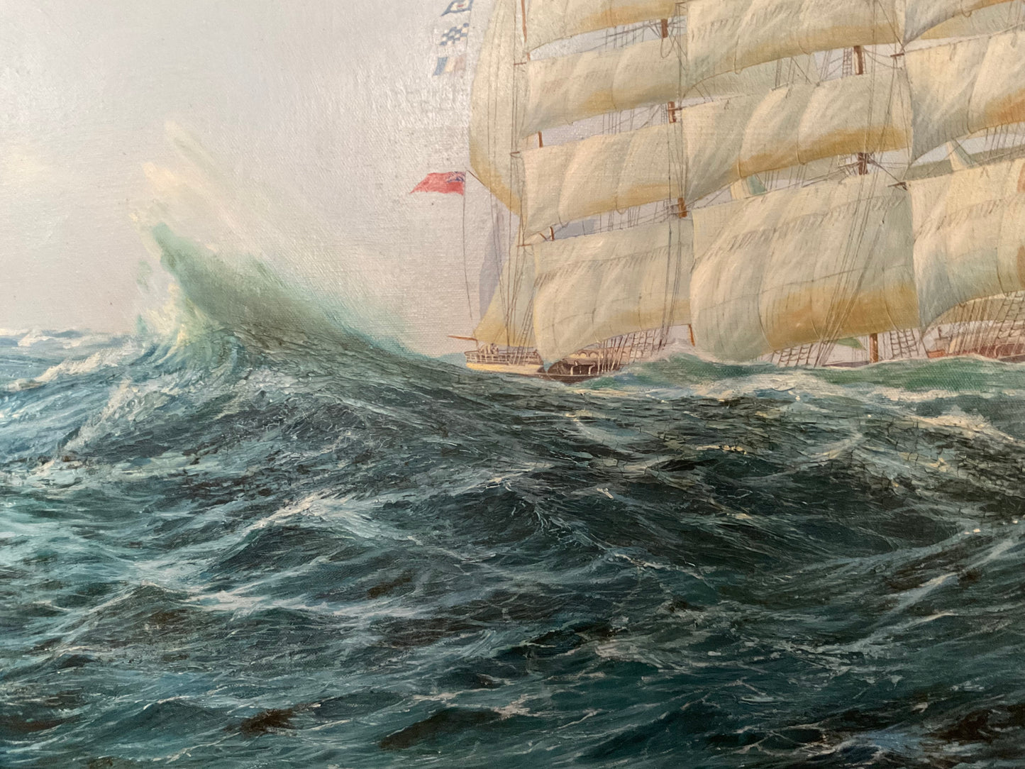 Vintage Maritime Oil Painting by Ed Walker – Tall Ships at Sea, Nautical Seascape in Ornate Gilt Frame