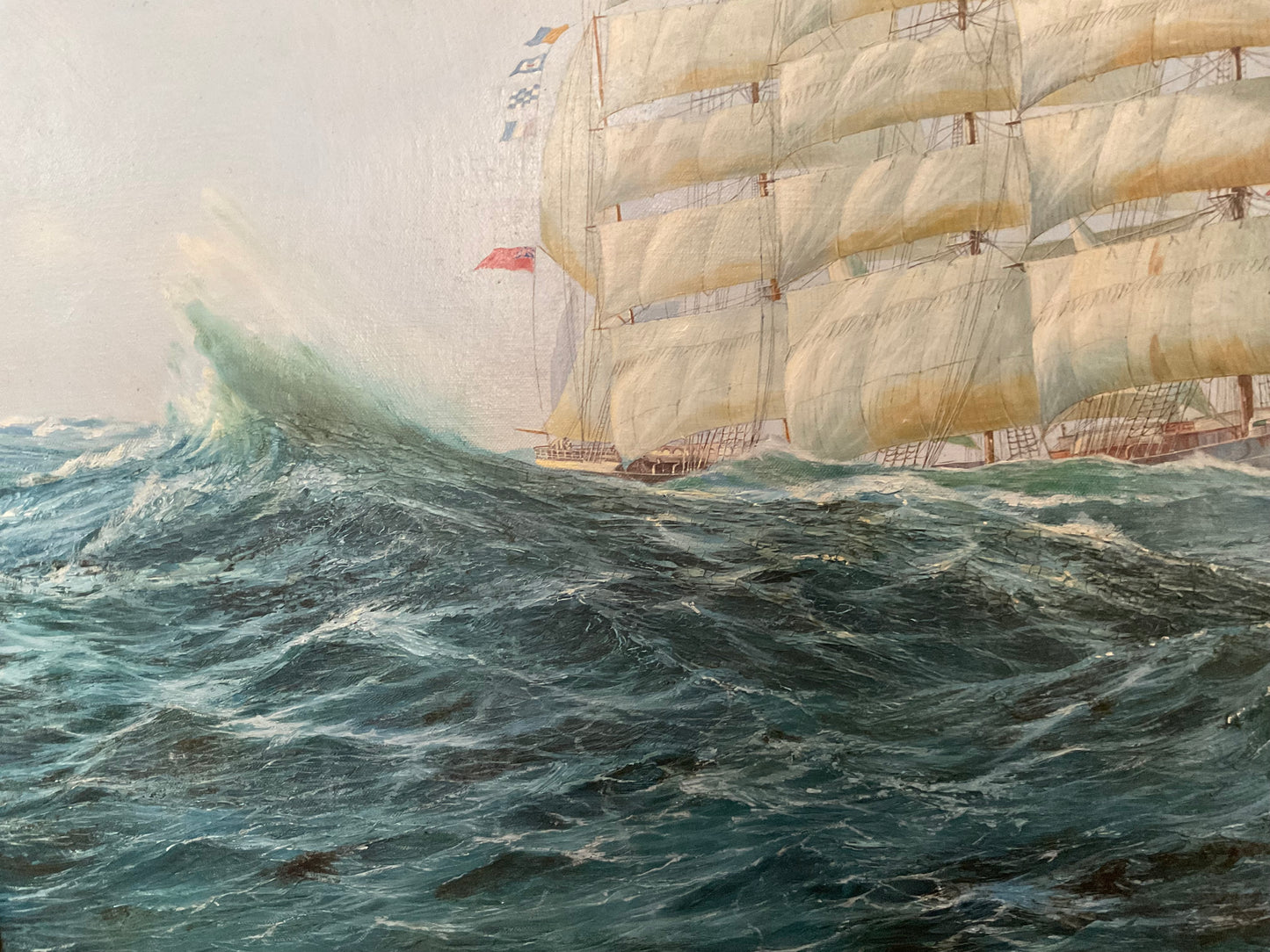 Vintage Maritime Oil Painting by Ed Walker – Tall Ships at Sea, Nautical Seascape in Ornate Gilt Frame