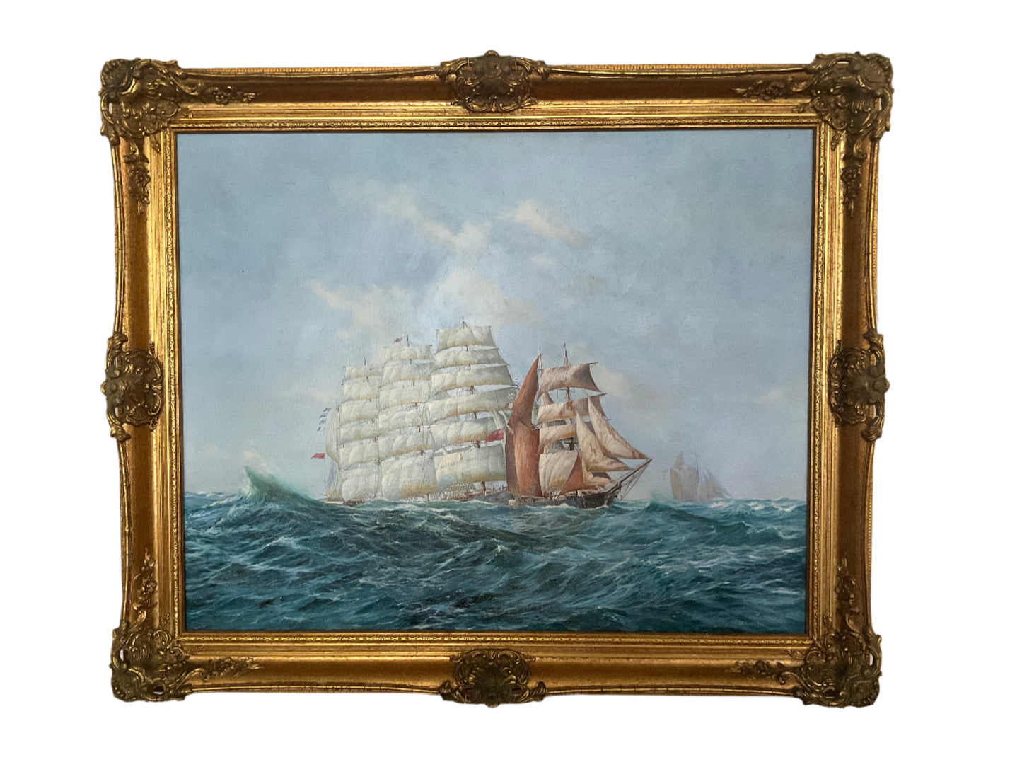 Vintage Maritime Oil Painting by Ed Walker – Tall Ships at Sea, Nautical Seascape in Ornate Gilt Frame