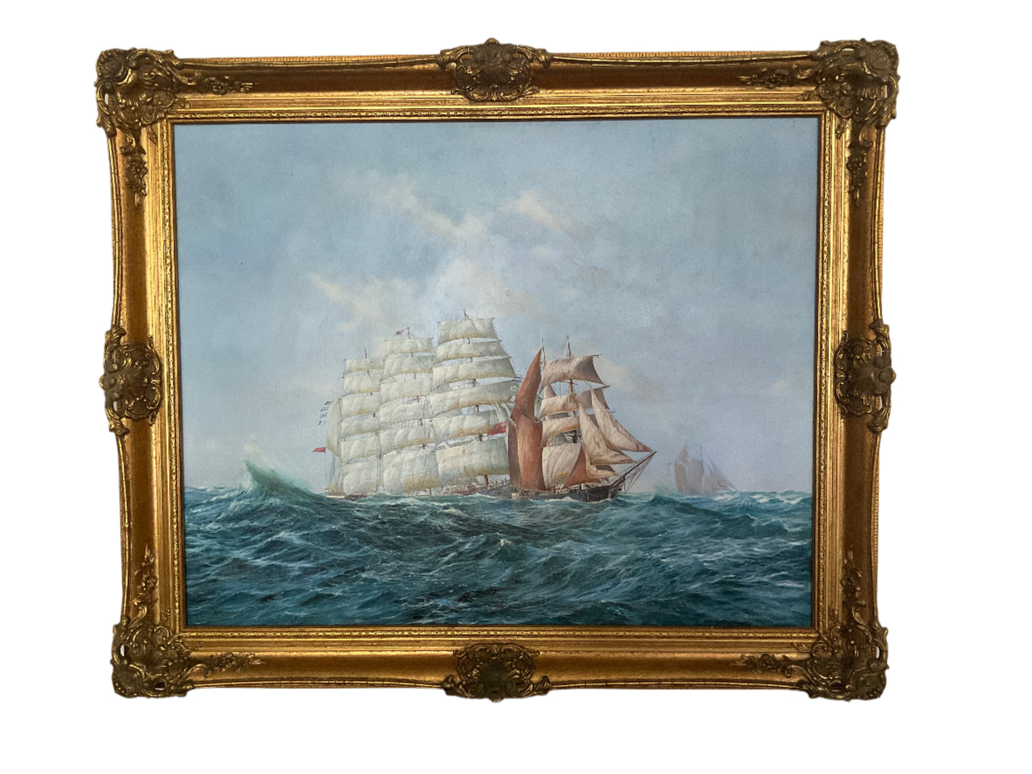 Vintage Maritime Oil Painting by Ed Walker – Tall Ships at Sea, Nautical Seascape in Ornate Gilt Frame