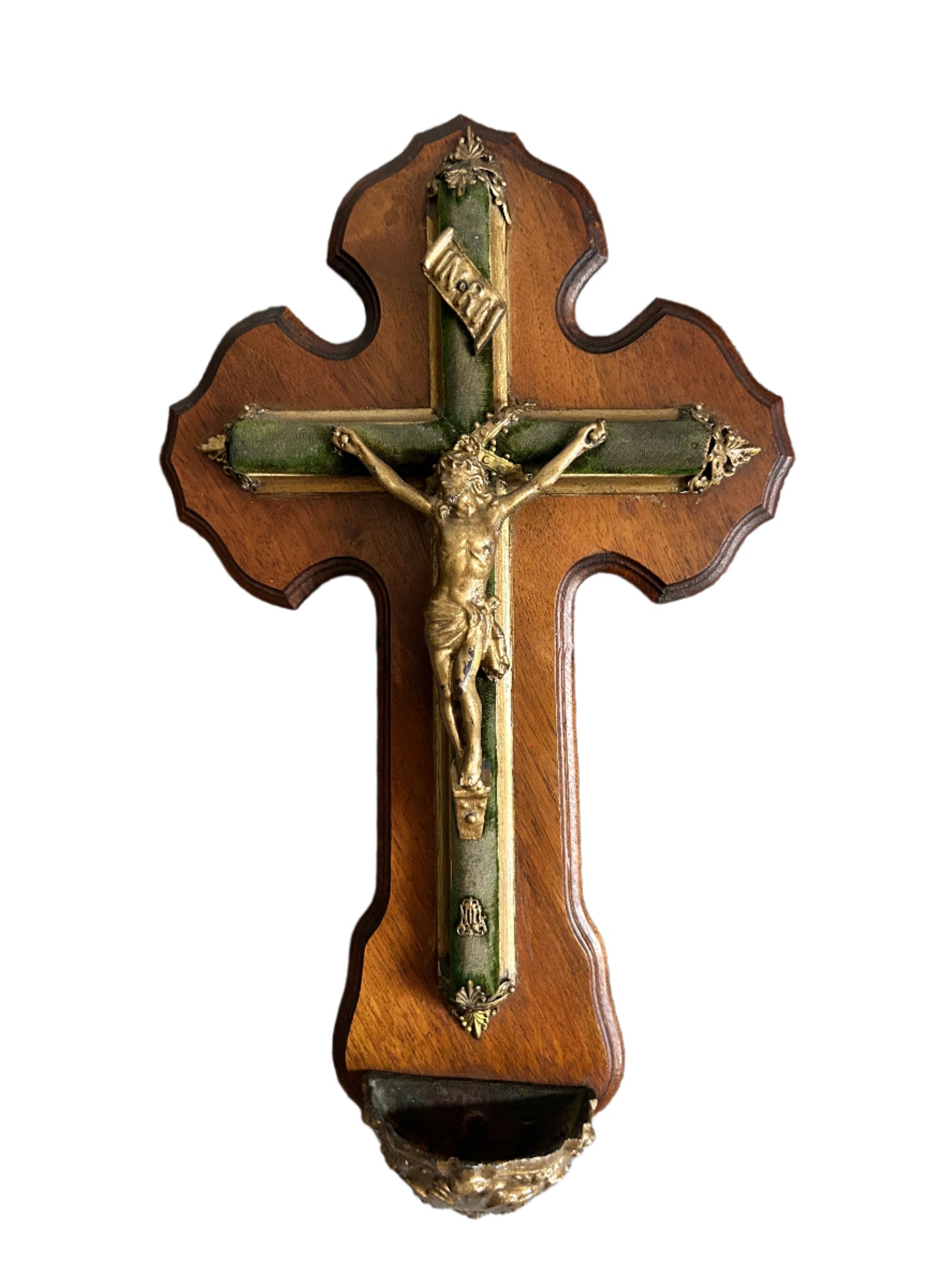 Antique French Crucifix With Holy Water Holder Velvet Covered Cross On Wooden Background Brass Corpus