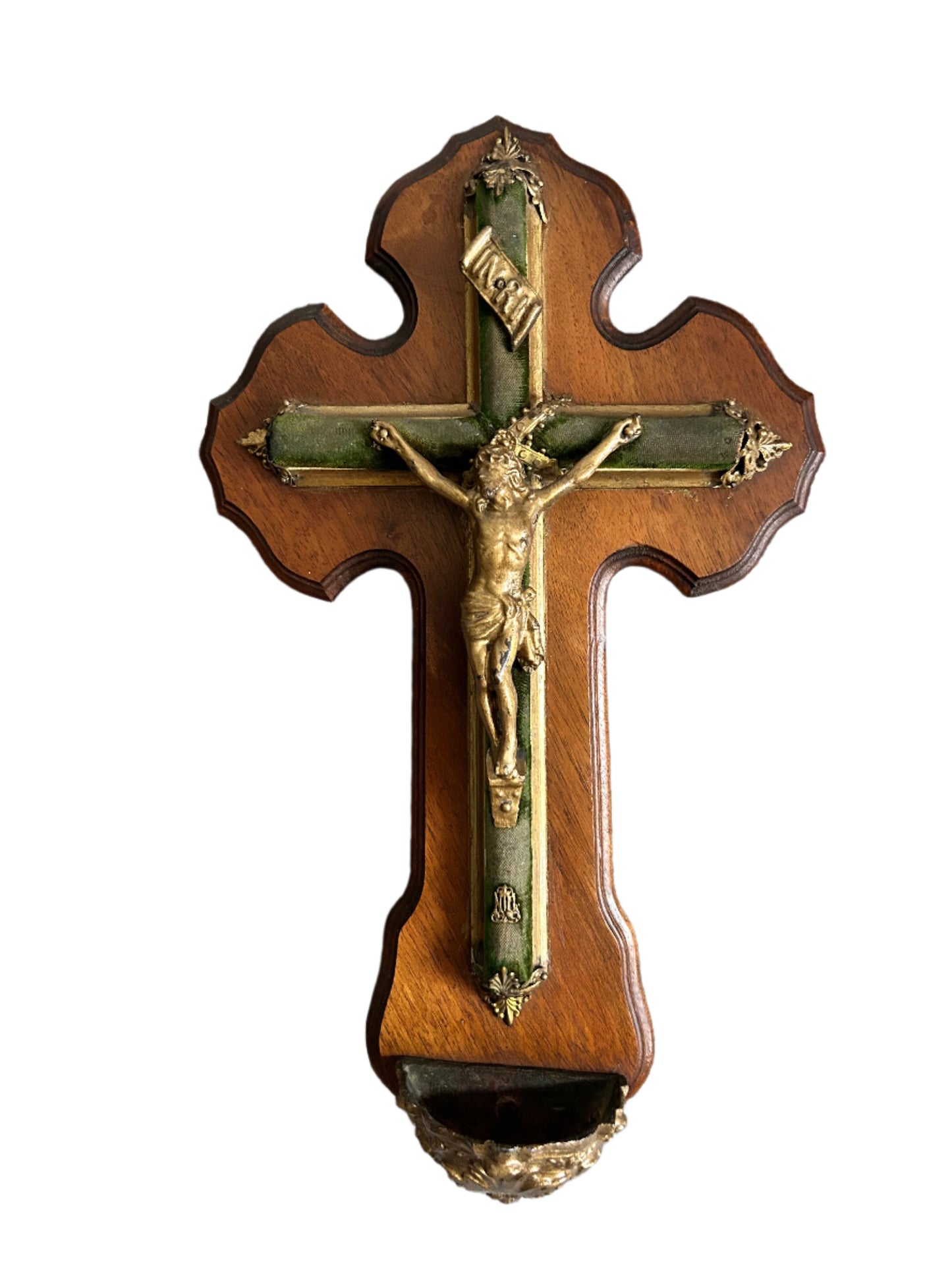 Antique French Crucifix With Holy Water Holder Velvet Covered Cross On Wooden Background Brass Corpus