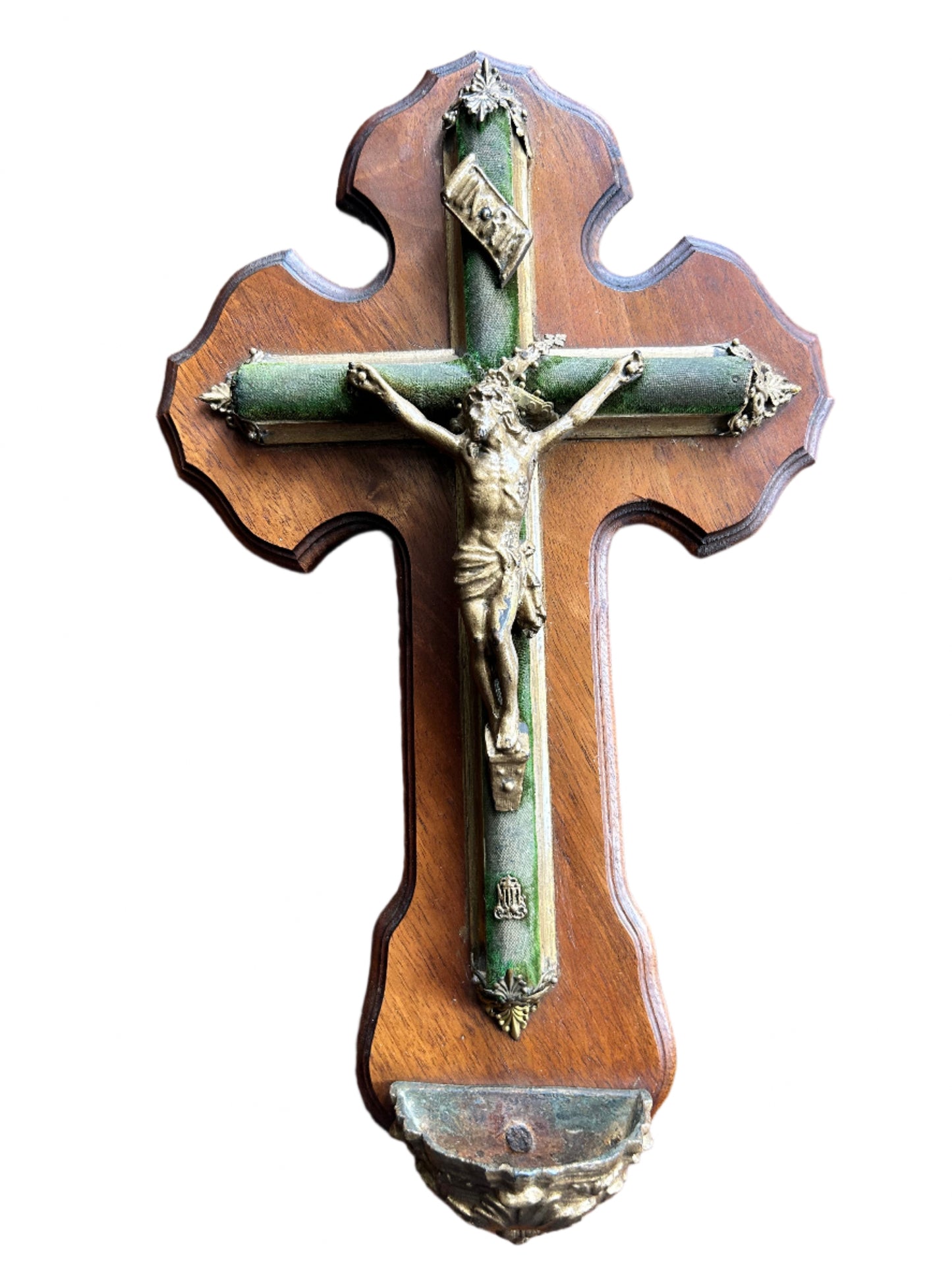 Antique French Crucifix With Holy Water Holder Velvet Covered Cross On Wooden Background Brass Corpus