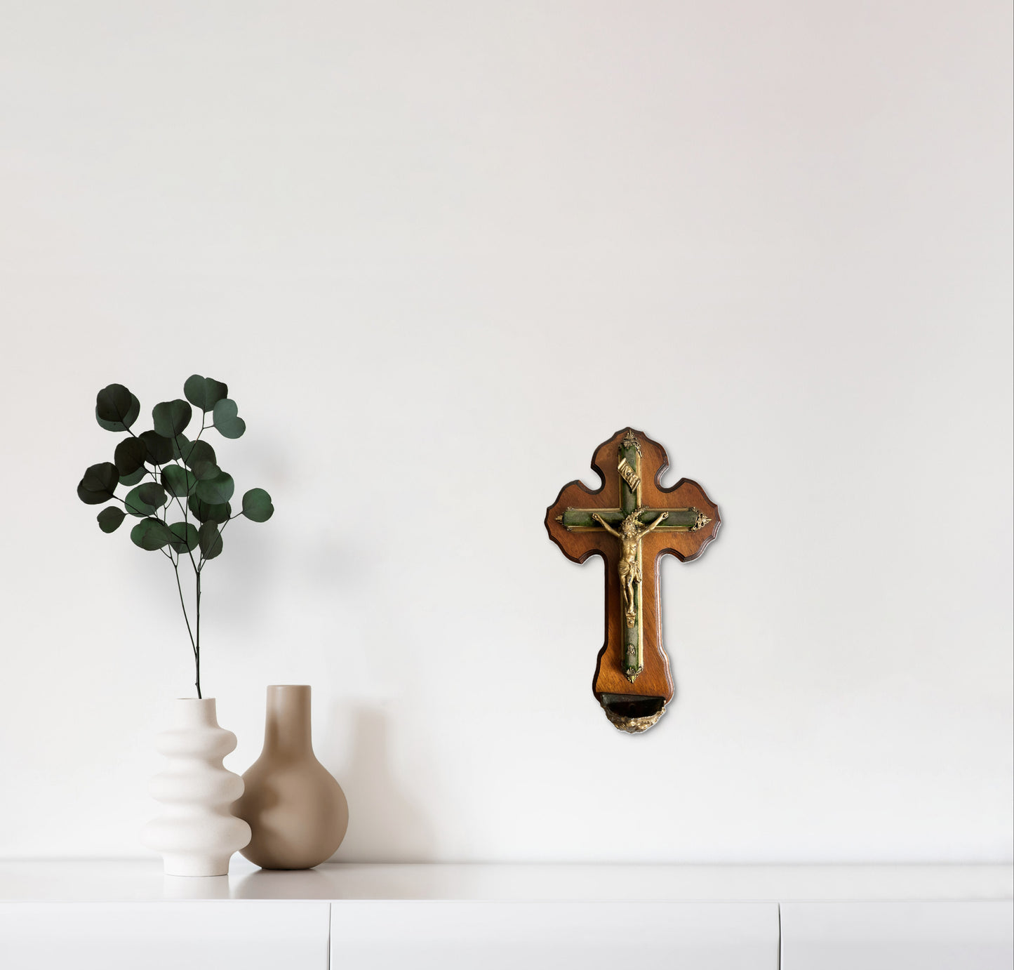 Antique French Crucifix With Holy Water Holder Velvet Covered Cross On Wooden Background Brass Corpus
