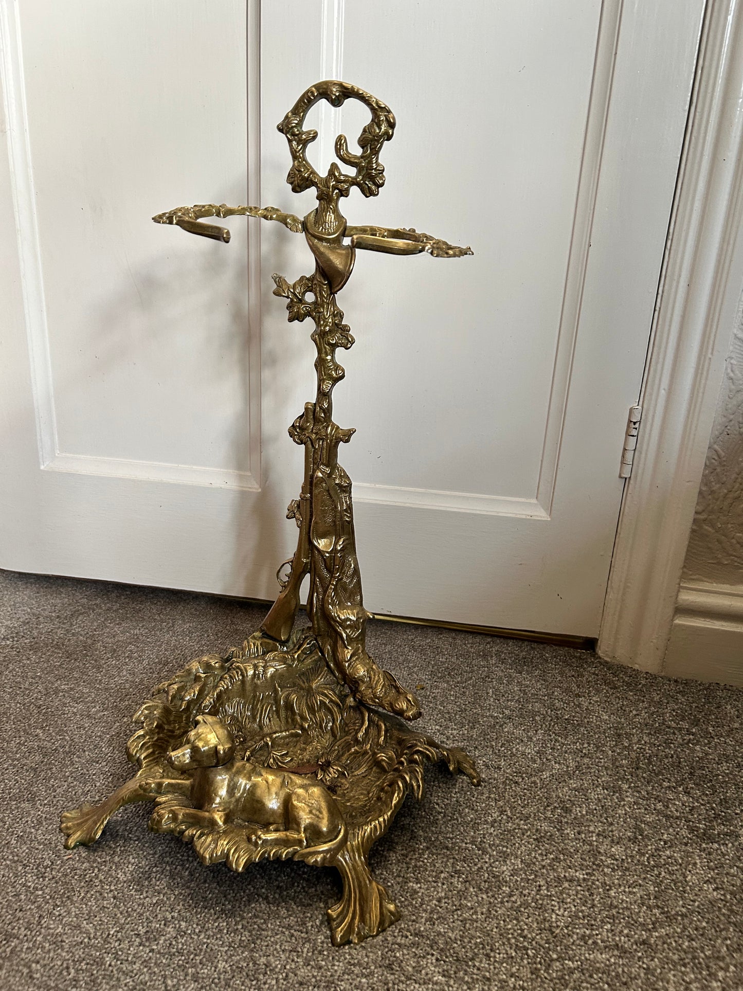 Antique Brass Umbrella or Walking Stick Sound With a Dog and Game Hunting Theme