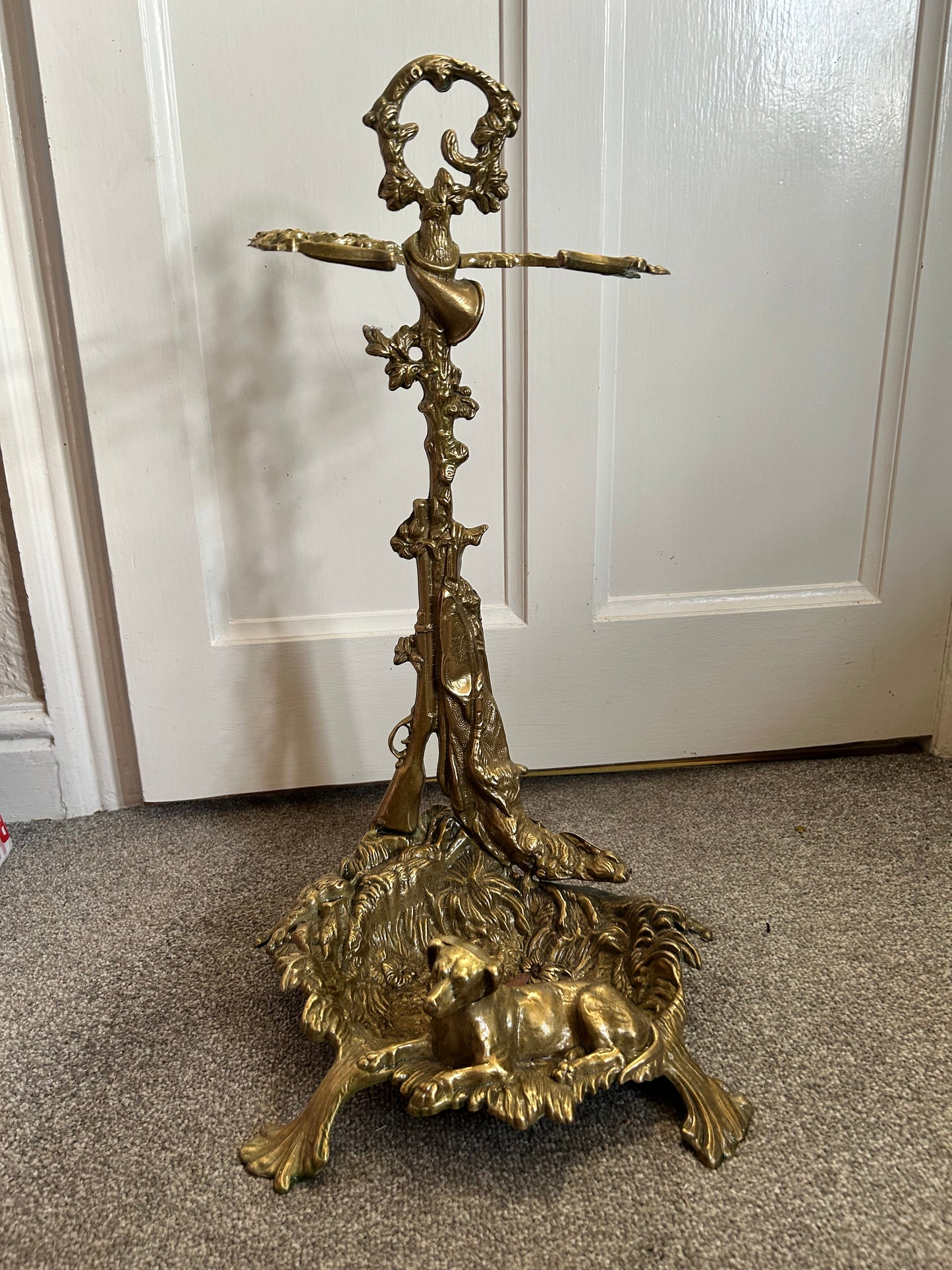 Antique Brass Umbrella or Walking Stick Sound With a Dog and Game Hunting Theme