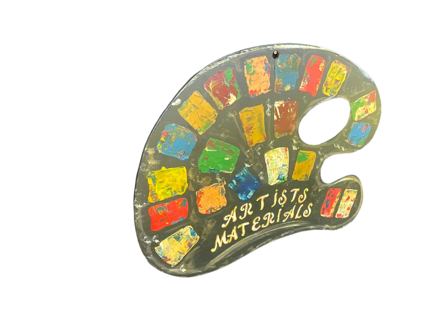Vintage Hand-Painted Wooden Artists Supplies Sign – Painter’s Palette Advertising Art – 80x62cm
