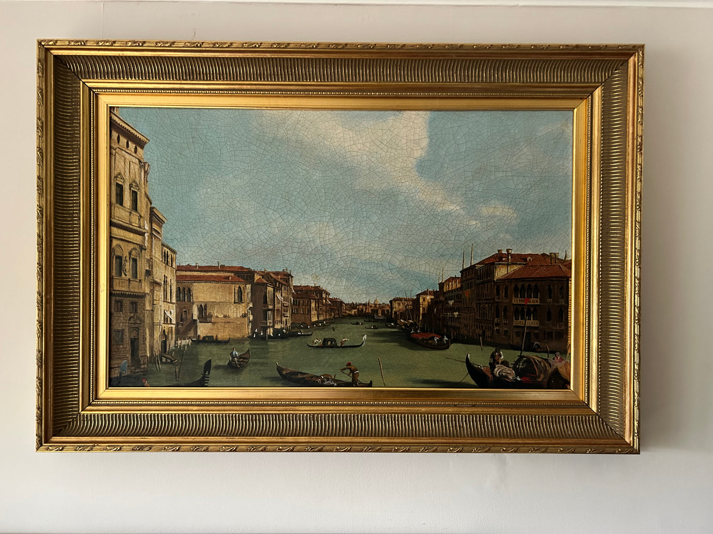 Antique Venetian Canal Oil Painting with Ornate Gold Frame – 60x88cm