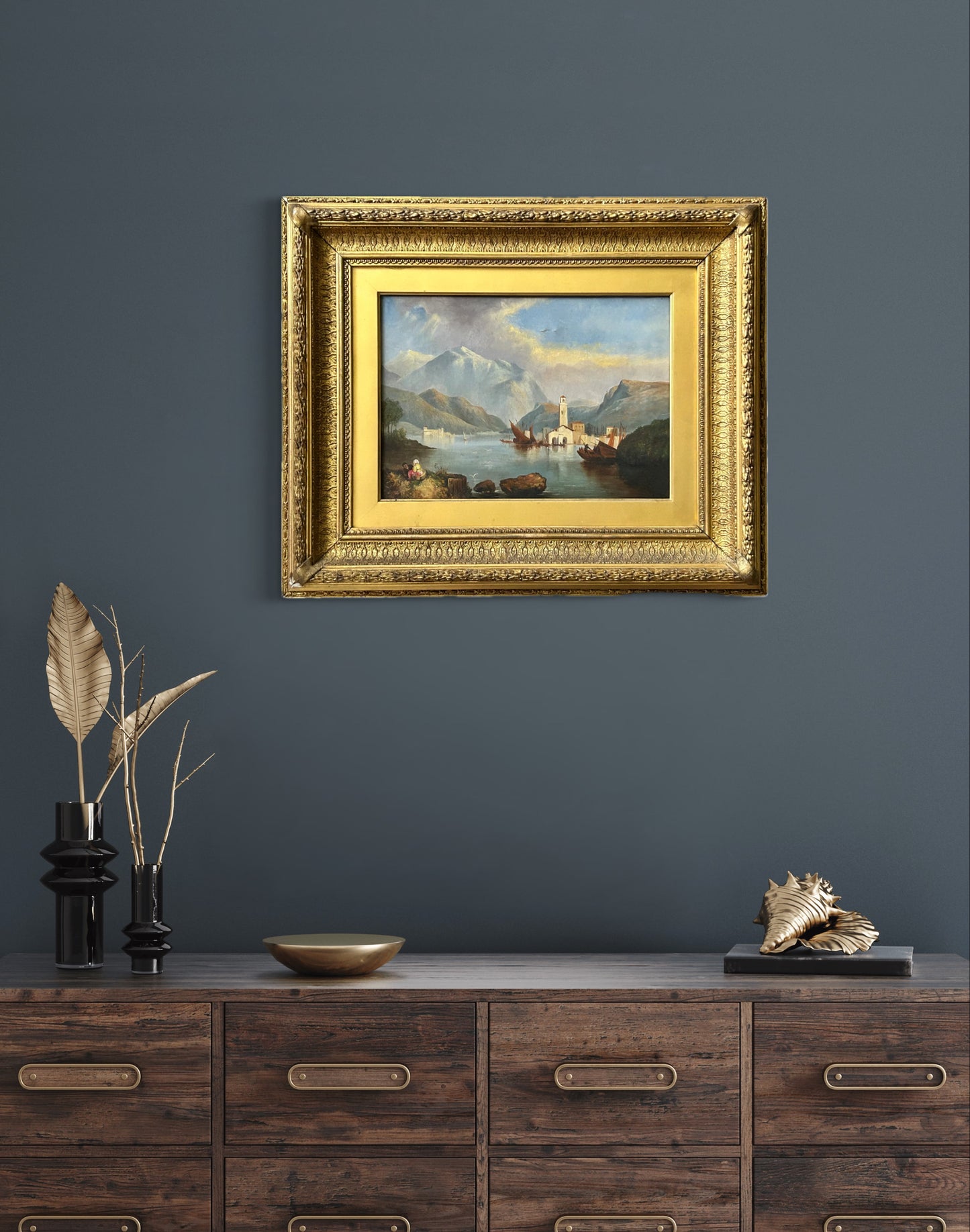 Antique Oil Painting Lake Como 19th Century Grand Tour Landscape Scene In Heavy GiltFrame