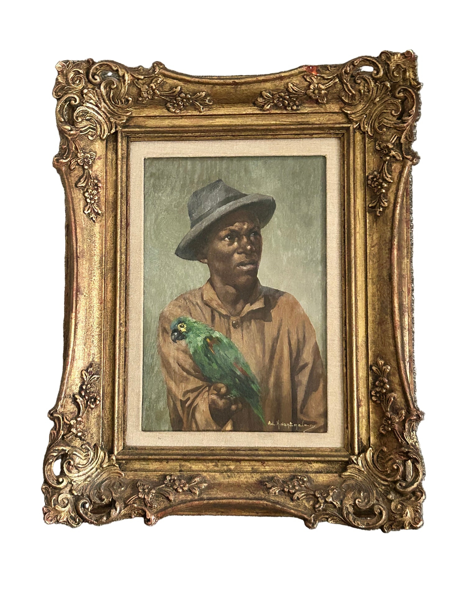 Adrian Henri Vital Van Emelen 1868-1943 Portrait Painting in Oils Of a Man With Parrot