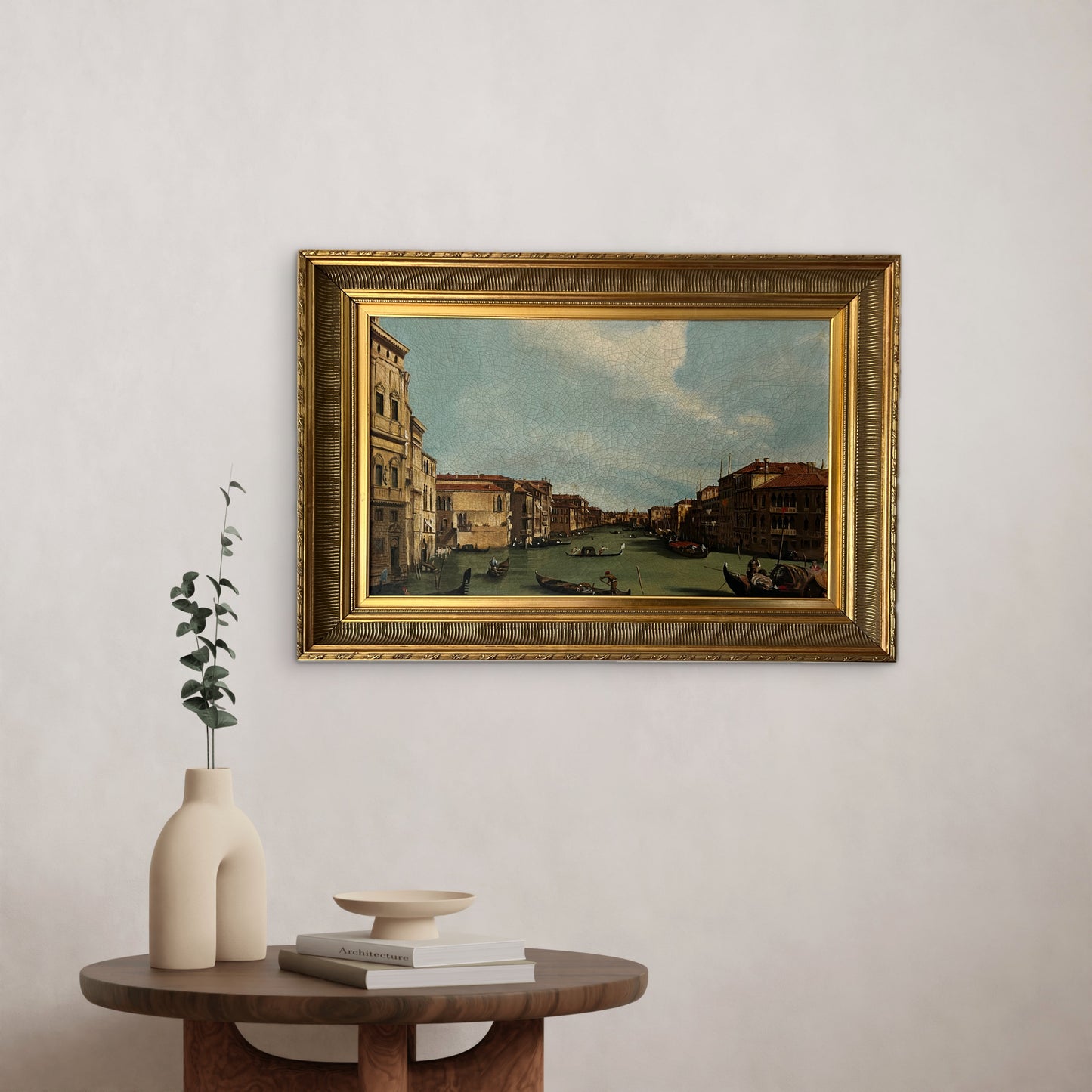 Antique Venetian Canal Oil Painting with Ornate Gold Frame – 60x88cm