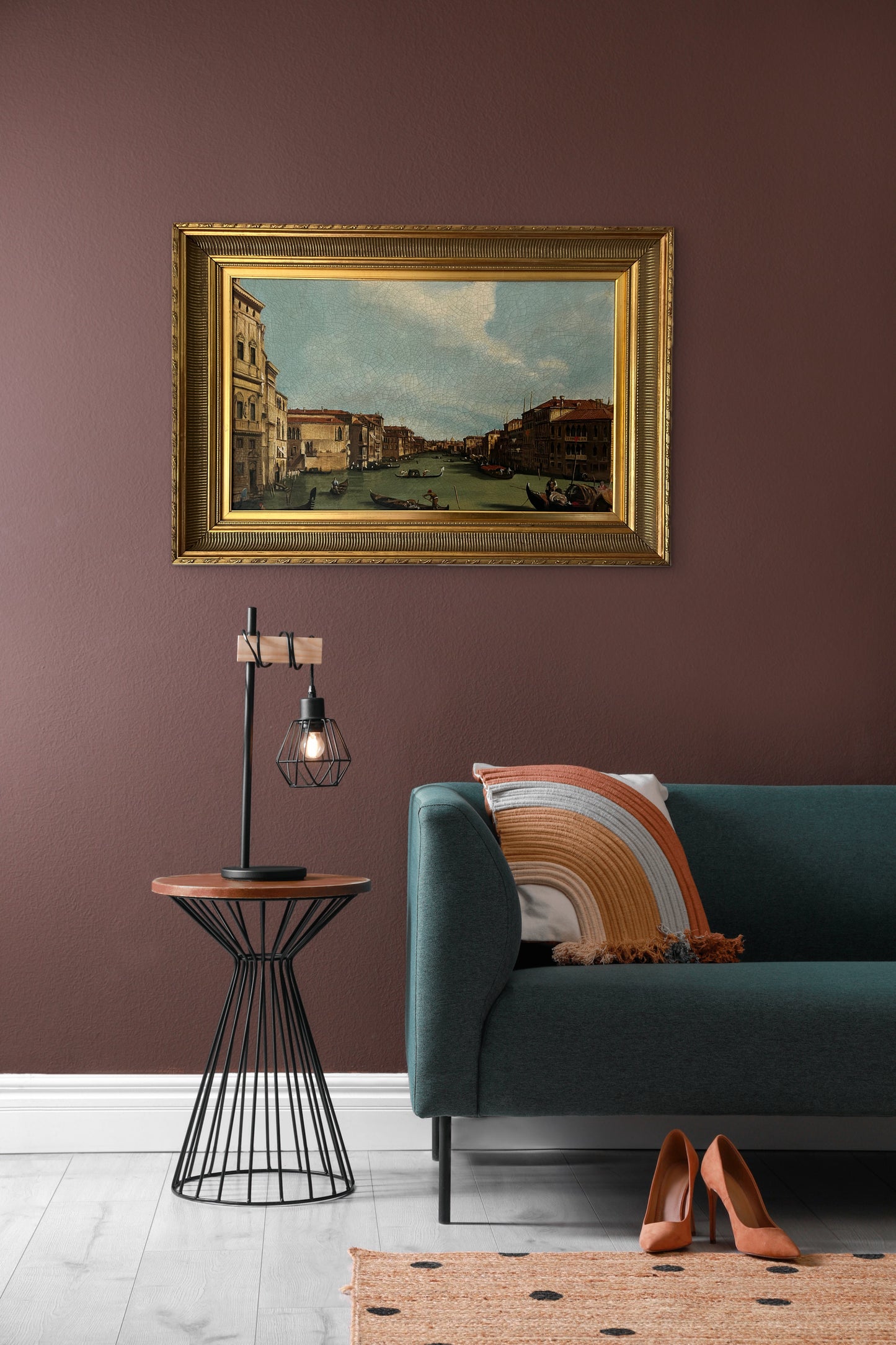 Antique Venetian Canal Oil Painting with Ornate Gold Frame – 60x88cm