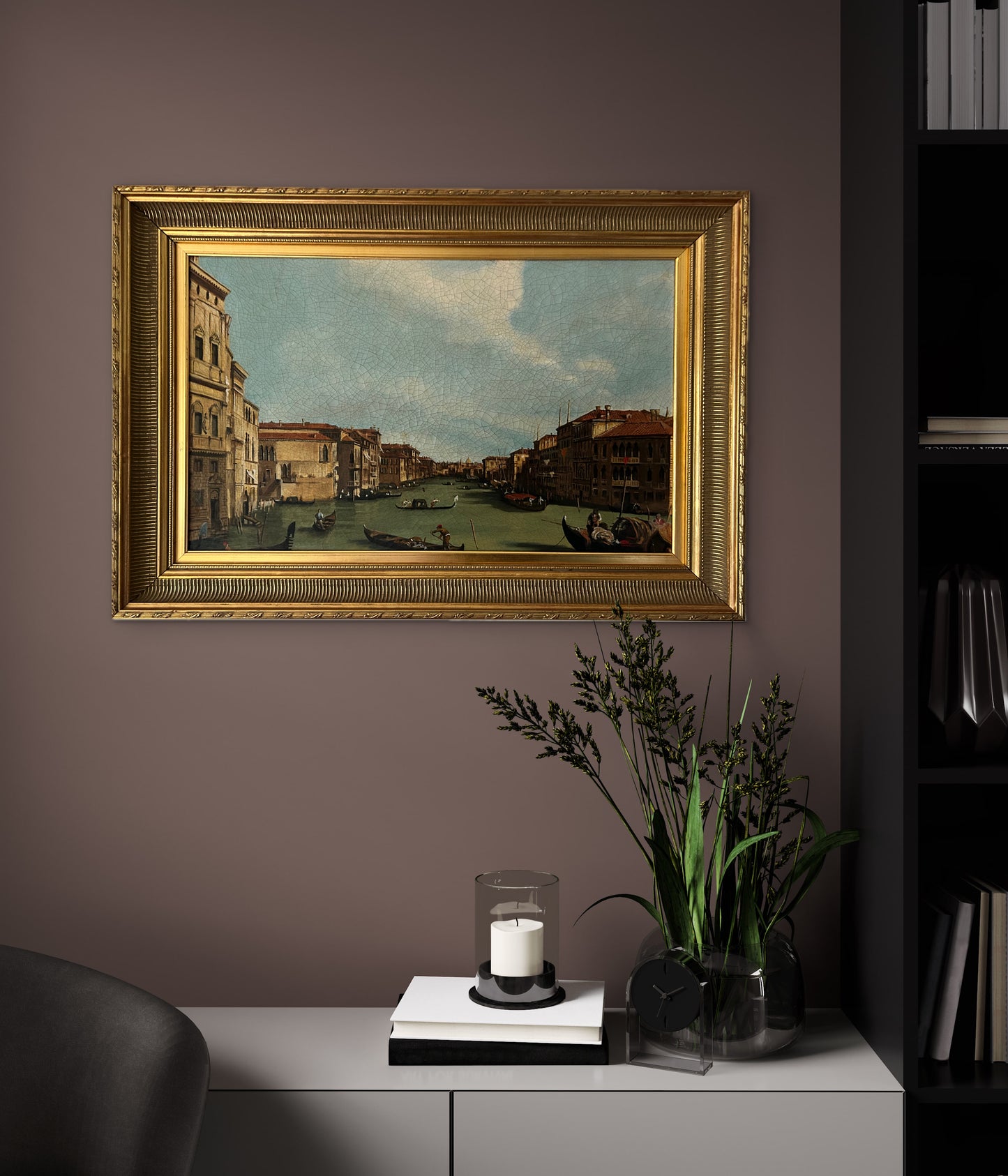 Antique Venetian Canal Oil Painting with Ornate Gold Frame – 60x88cm