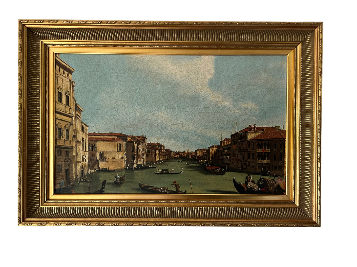 Antique Venetian Canal Oil Painting with Ornate Gold Frame – 60x88cm