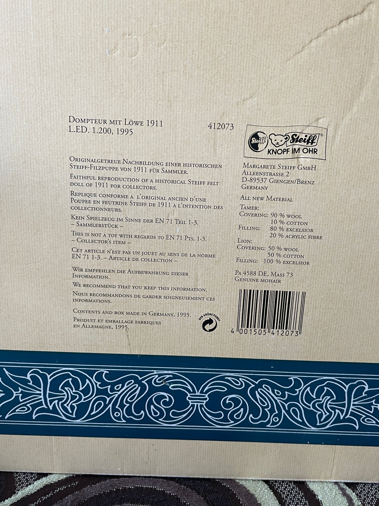 Rare VINTAGE Steiff 1995 Replica Lion Tamer and Lion 1911 Ltd Ed. Still strapped in box and complete with certificate