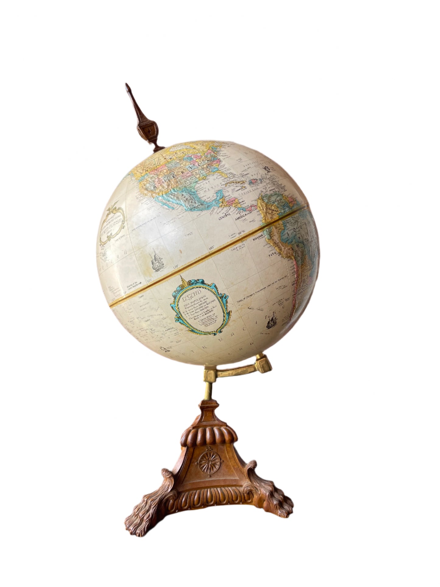 Vintage Globe On Carved Wooden Base Beautiful Quality 12 Inch Relief Earth Globe