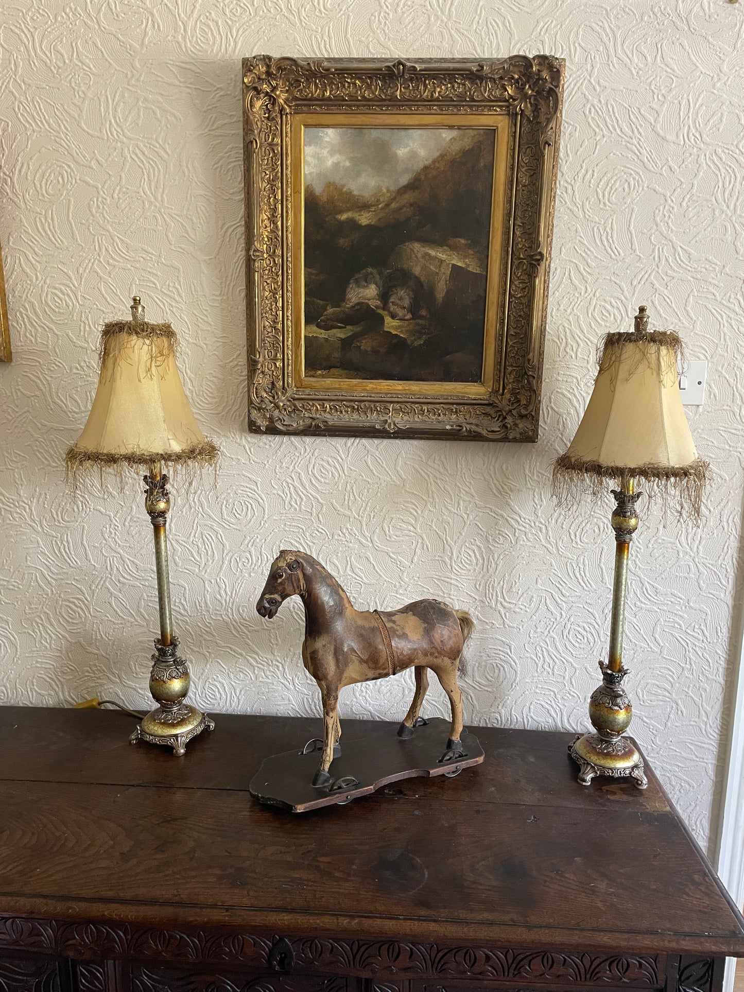 Pair of 19th Century Style Scumbled Effect Tall Table Lamps With Frilled Shades 80cm tall